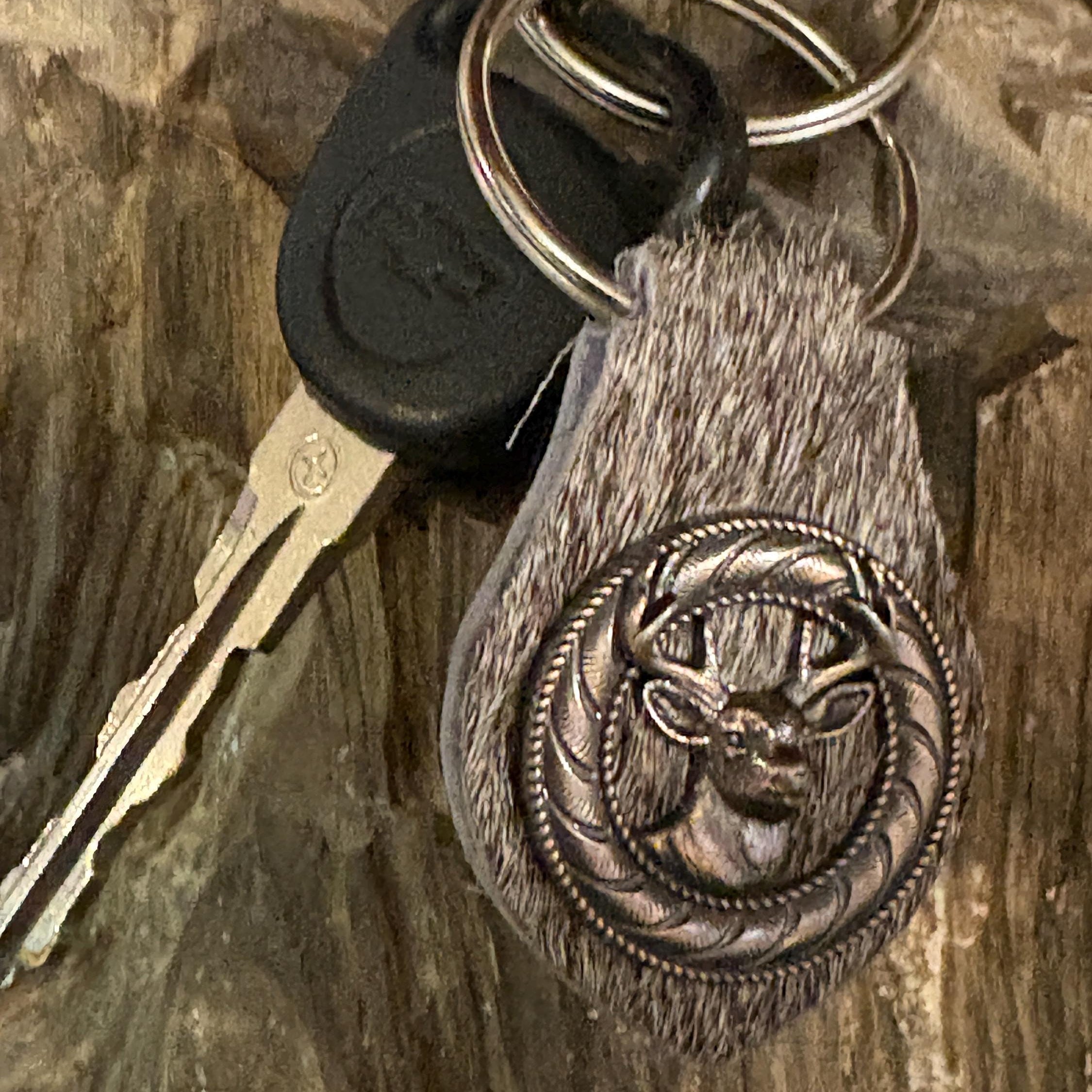 Handmade Hair-on Hide Leather Keychain with Deer Concho, Hunting Accessory