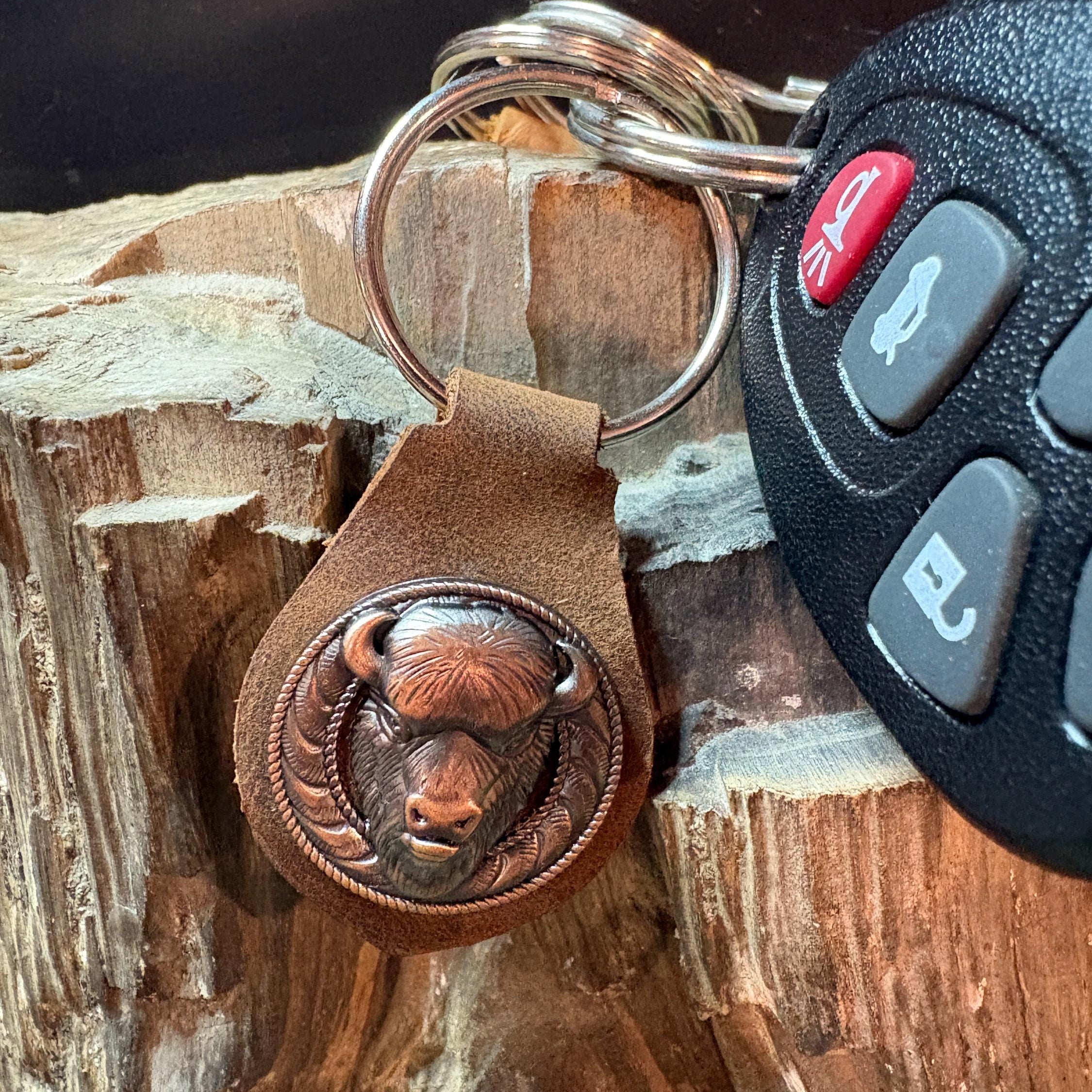 Buffalo Keychain, Western Brown Leather Accessory, Bison Leather Keychain, Bison, Buffalo, Handmade Keychain