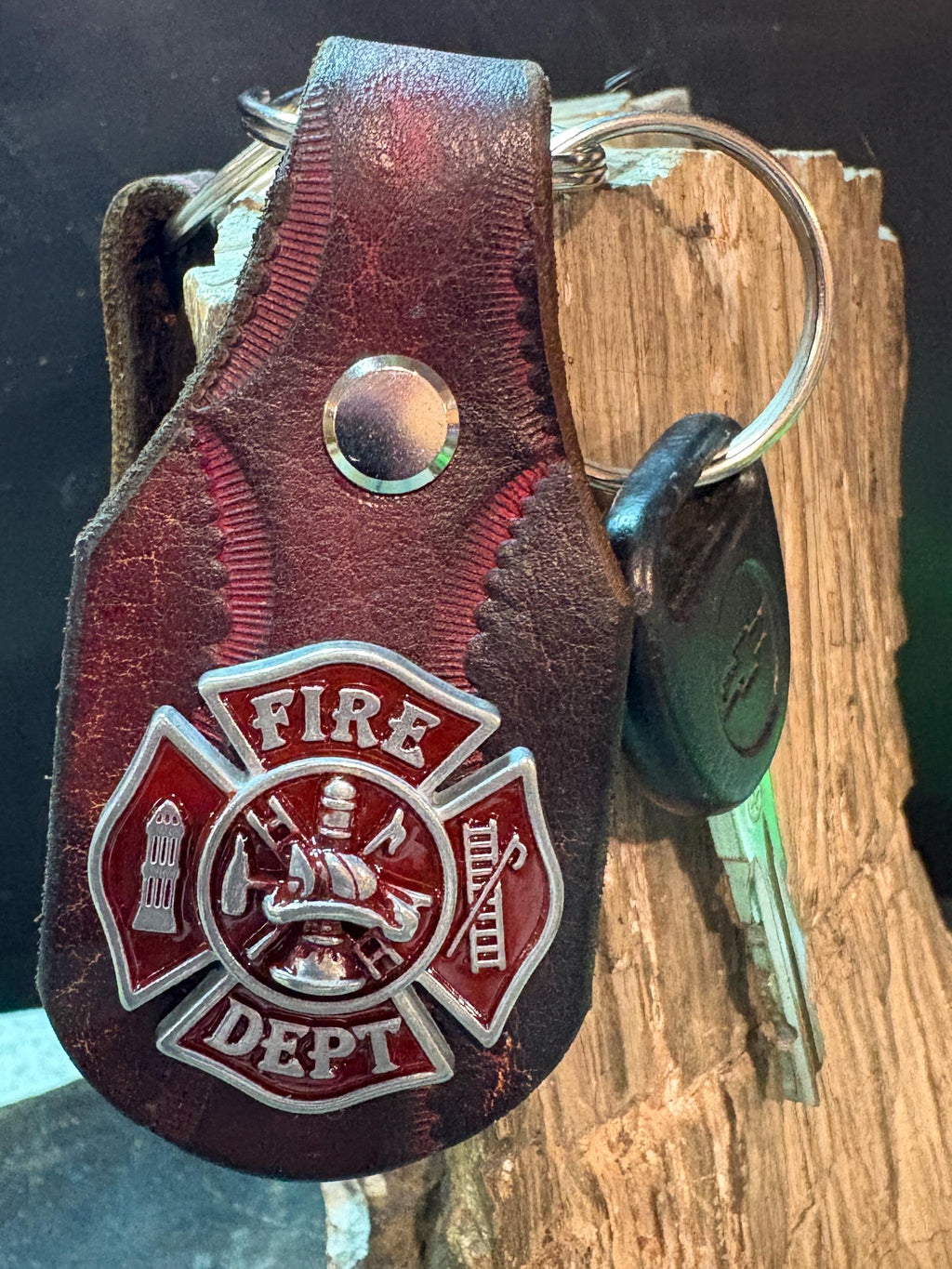 Fire Fighter Keychain: Handmade Leather Fireman Key Fob, First Responder Copper Concho, Western Style