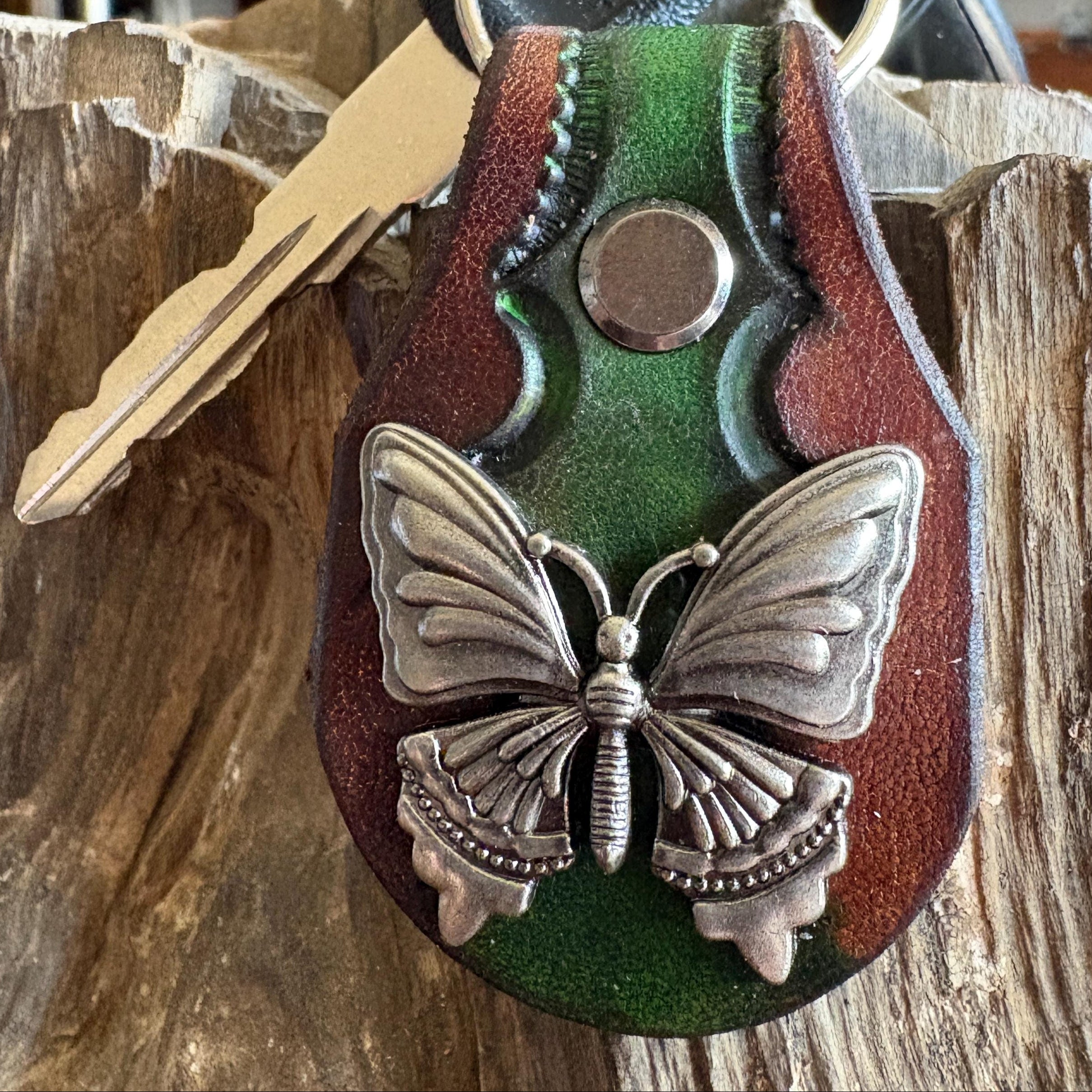 Butterfly keychain: Green Handmade Leather Key Fob