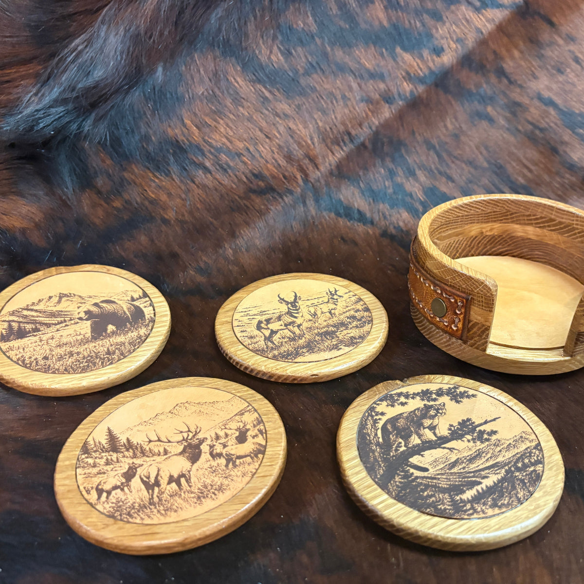 Handmade Rustic Oak & Leather Coaster Set, 4 Piece Set