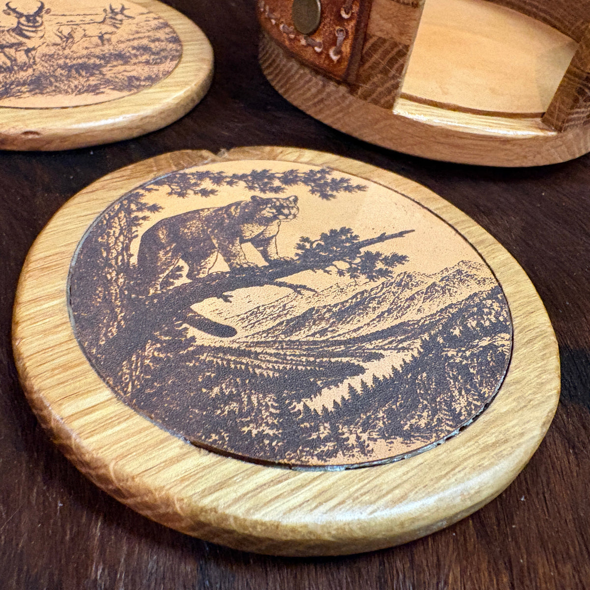 Handmade Rustic Oak & Leather Coaster Set, 4 Piece Set