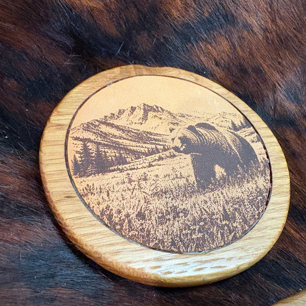 Handmade Rustic Oak & Leather Coaster Set, 4 Piece Set