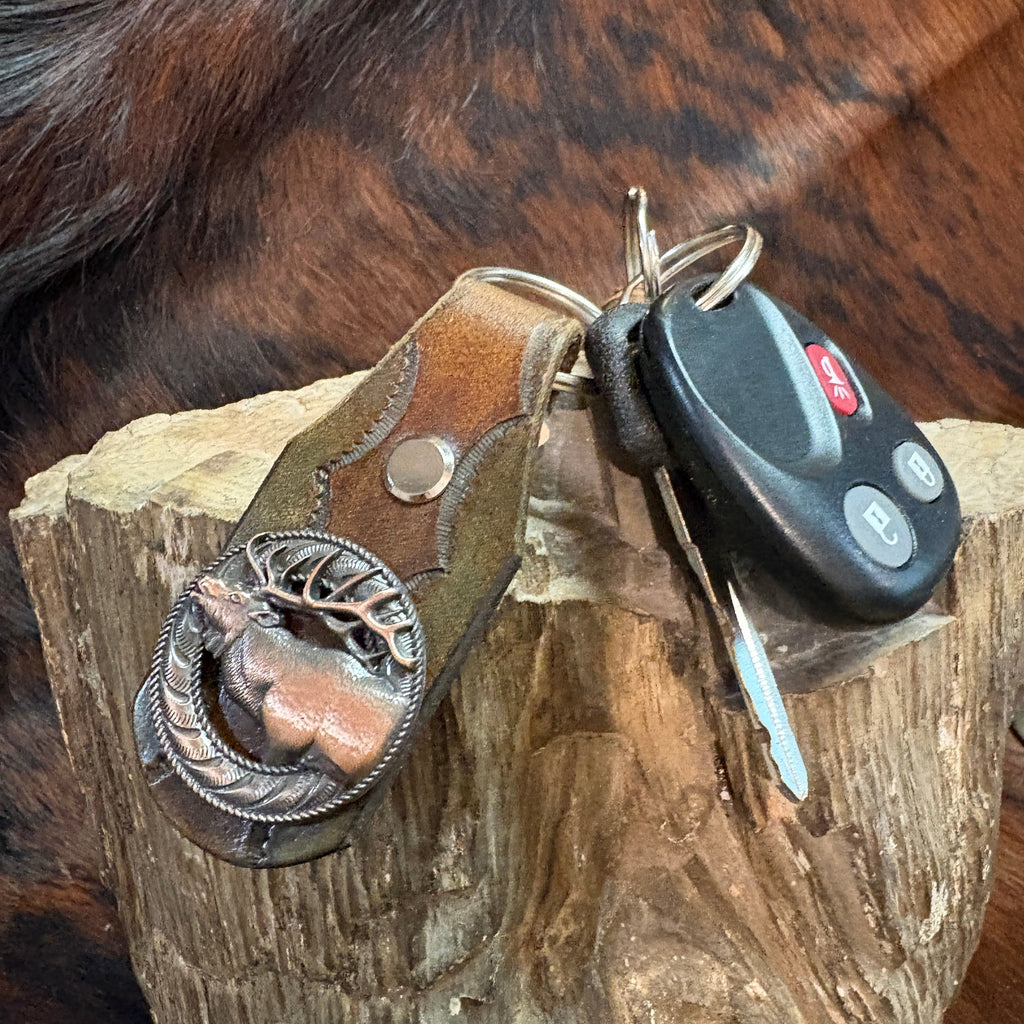 Elk Keychain: Handmade Tooled Leather, Copper Concho, Western Style, Stagg