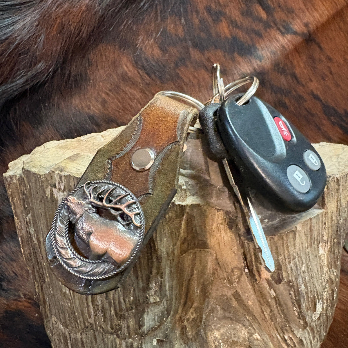 Elk Keychain: Handmade Tooled Leather, Copper Concho, Western Style, Stagg