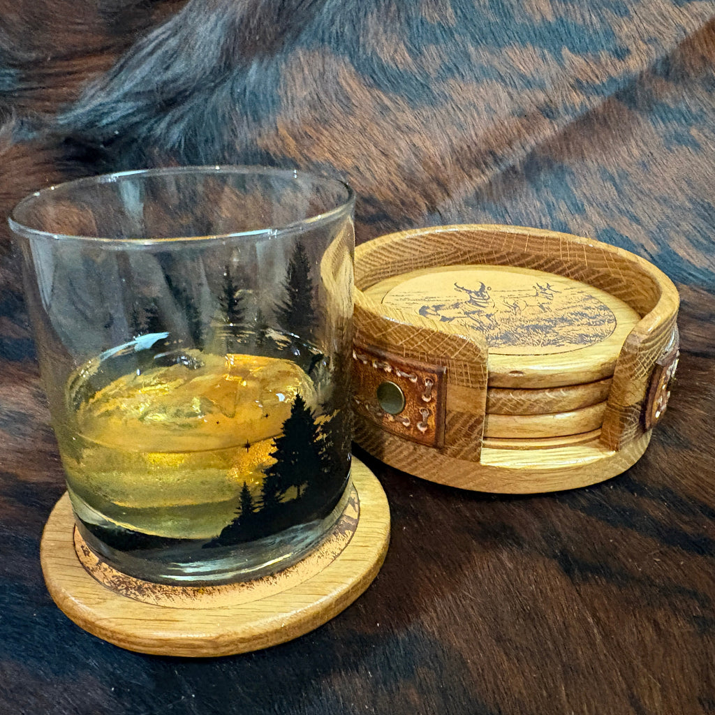Handmade Rustic Oak & Leather Coaster Set, 4 Piece Set