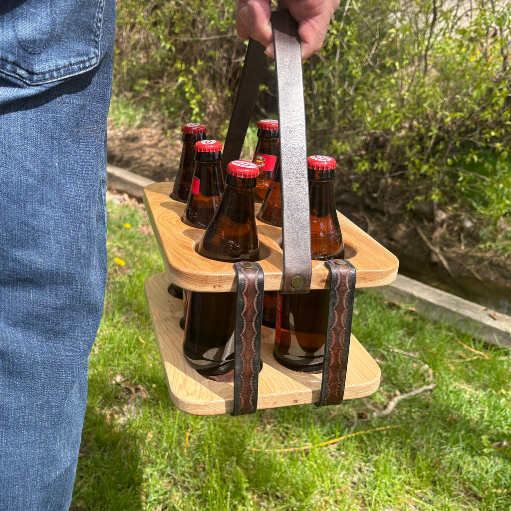 Wood and Leather Beer Carrier, Beer Carrier, Rustic 6 Pack Beer Caddy, Leather and Wooden Beer Carry