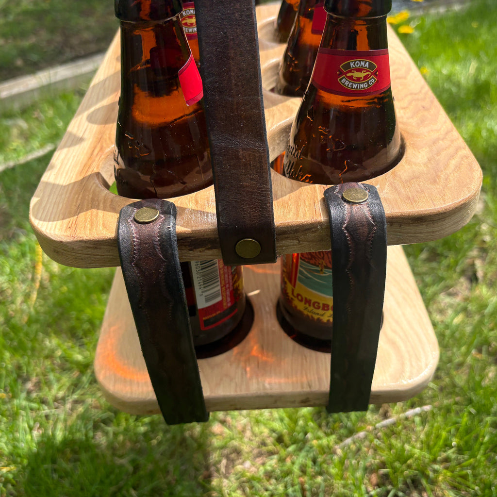 Wood and Leather Beer Carrier, Beer Carrier, Rustic 6 Pack Beer Caddy, Leather and Wooden Beer Carry