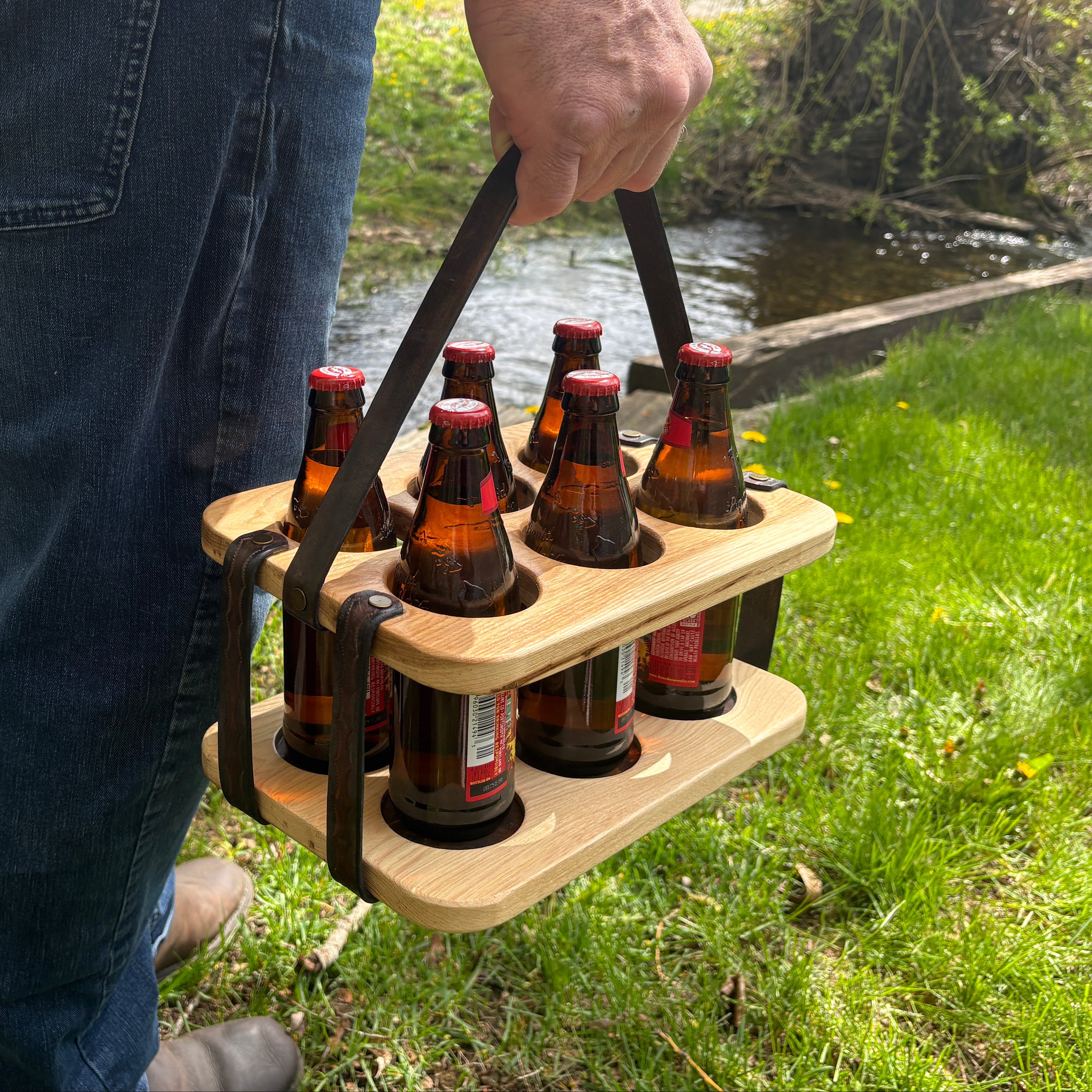 Wood and Leather Beer Carrier, Beer Carrier, Rustic 6 Pack Beer Caddy, Leather and Wooden Beer Carry