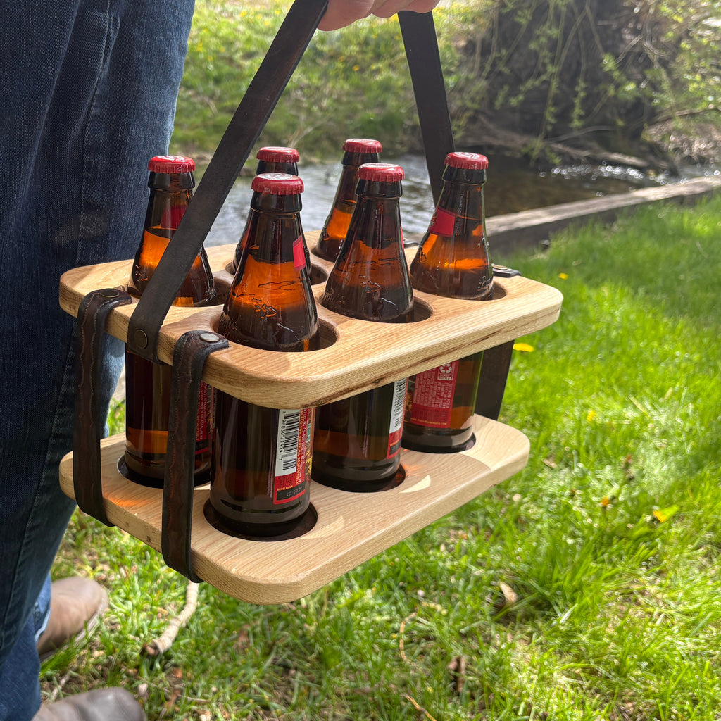Wood and Leather Beer Carrier, Beer Carrier, Rustic 6 Pack Beer Caddy, Leather and Wooden Beer Carry