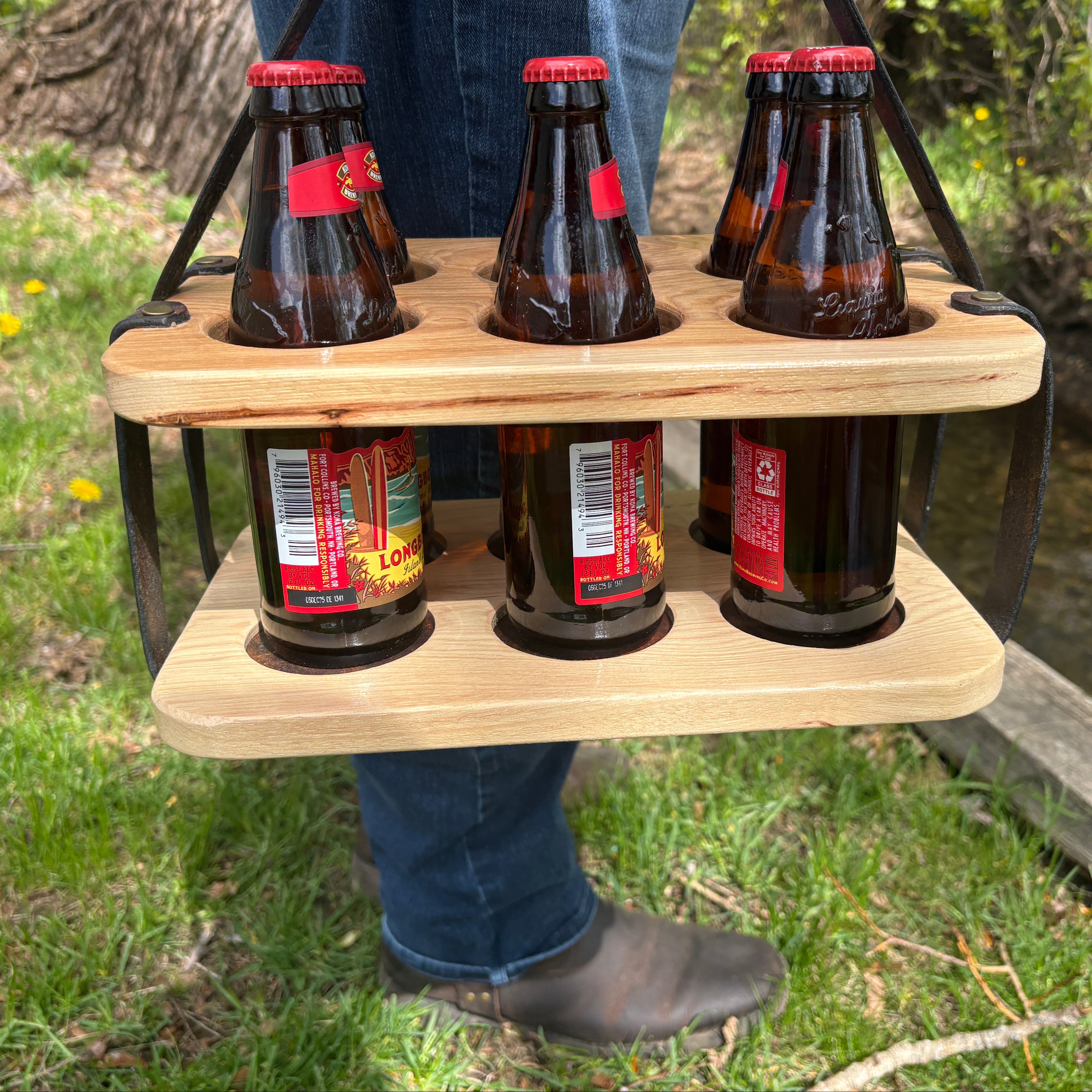 Wood and Leather Beer Carrier, Beer Carrier, Rustic 6 Pack Beer Caddy, Leather and Wooden Beer Carry