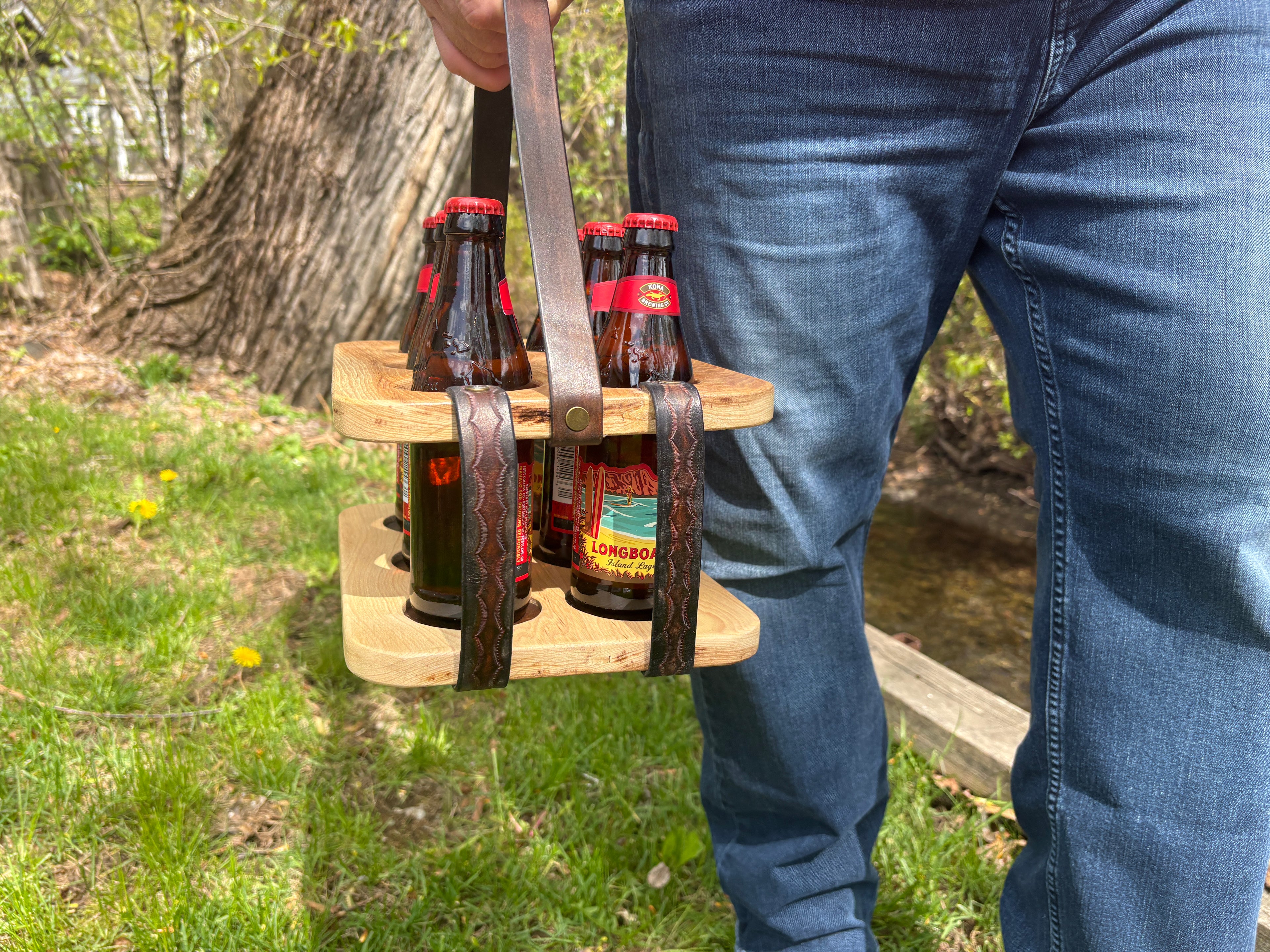 Wood and Leather Beer Carrier, Beer Carrier, Rustic 6 Pack Beer Caddy, Leather and Wooden Beer Carry