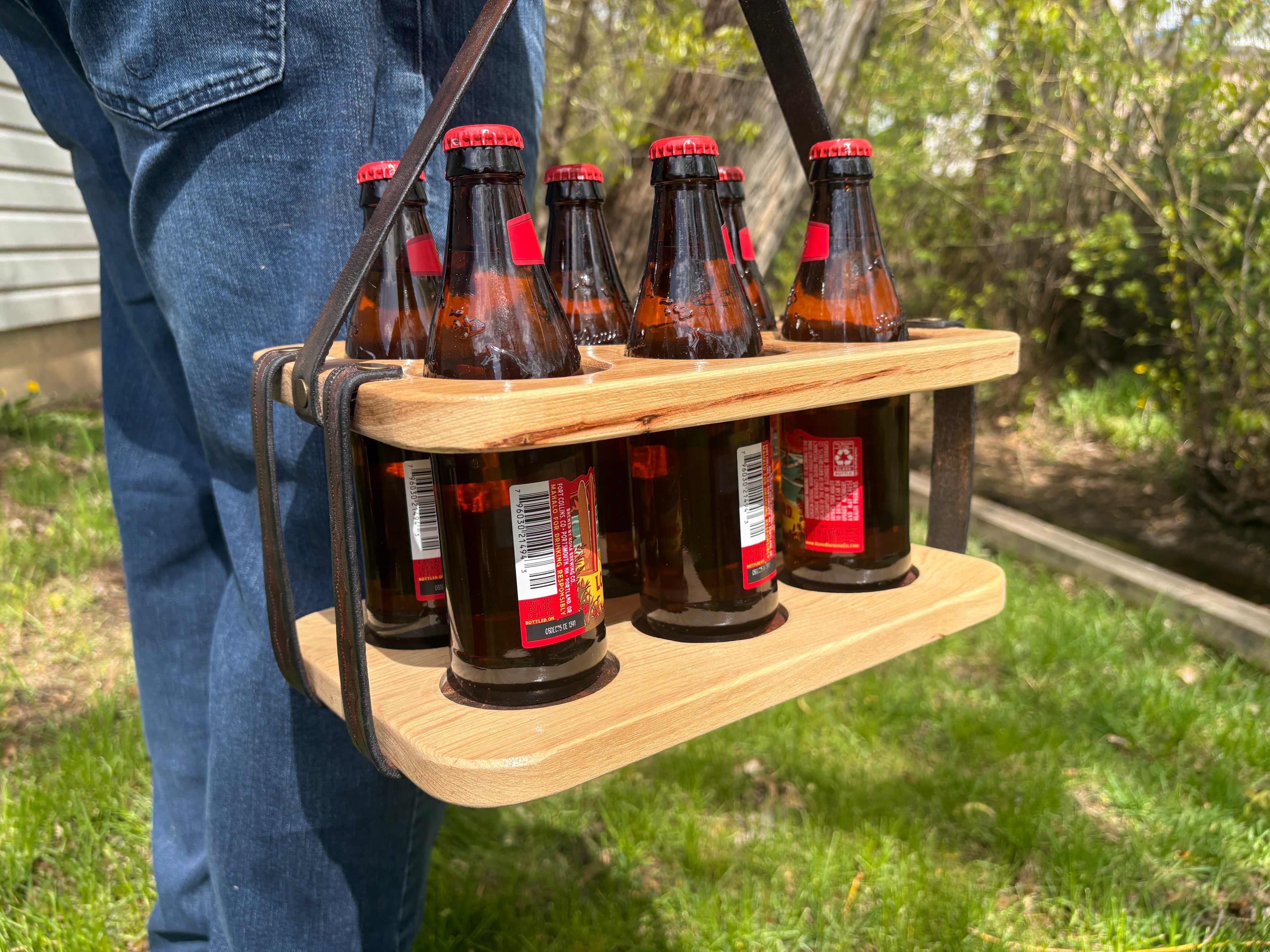 Wood and Leather Beer Carrier, Beer Carrier, Rustic 6 Pack Beer Caddy, Leather and Wooden Beer Carry