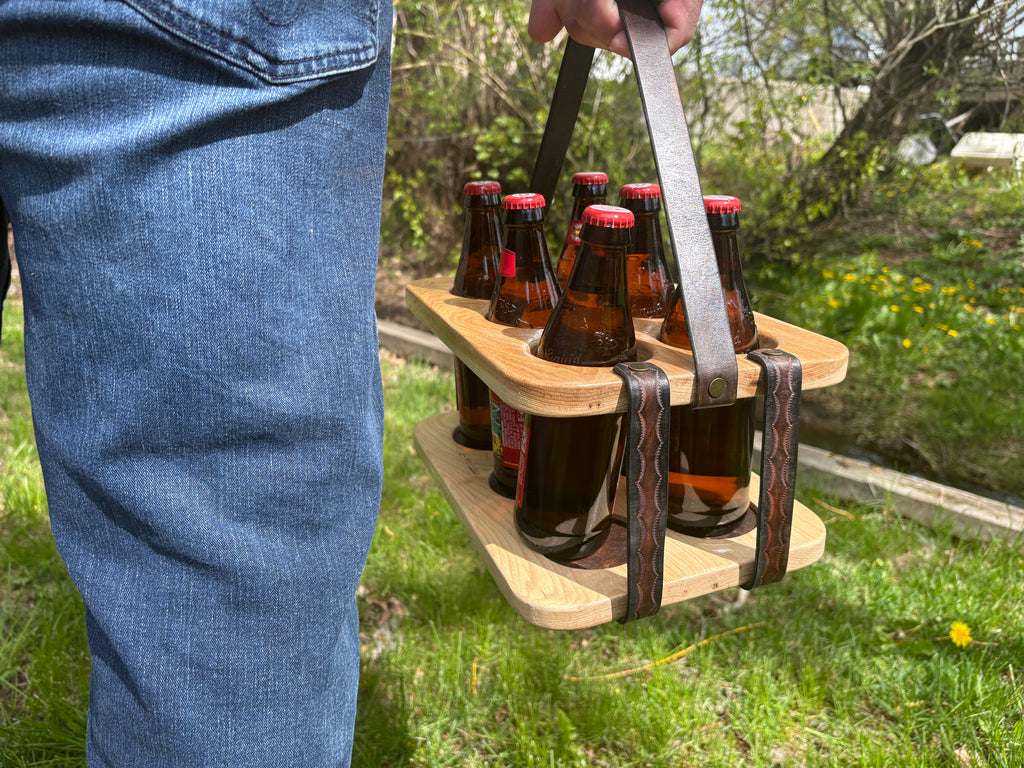 Wood and Leather Beer Carrier, Beer Carrier, Rustic 6 Pack Beer Caddy, Leather and Wooden Beer Carry