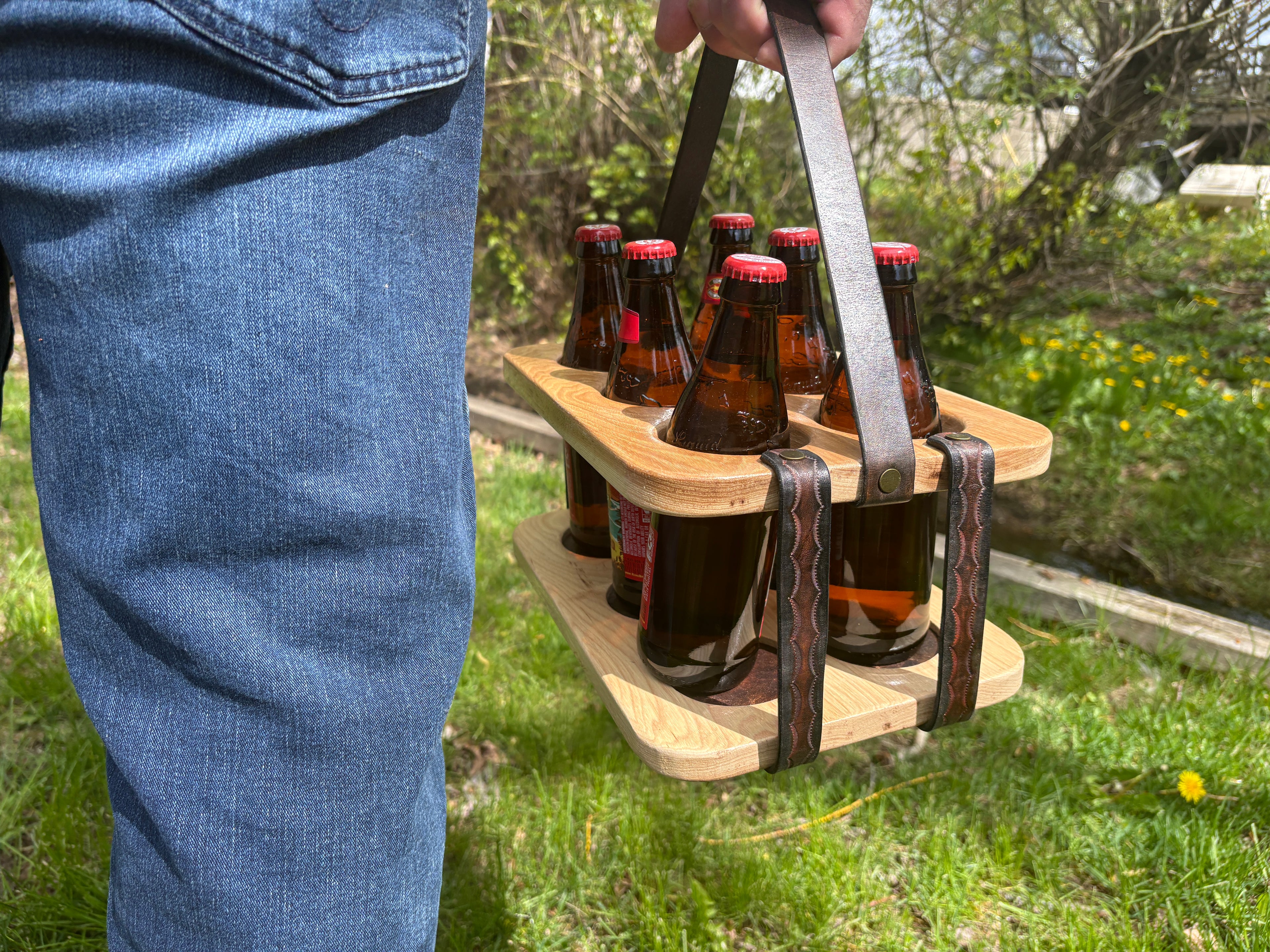 Wood and Leather Beer Carrier, Beer Carrier, Rustic 6 Pack Beer Caddy, Leather and Wooden Beer Carry