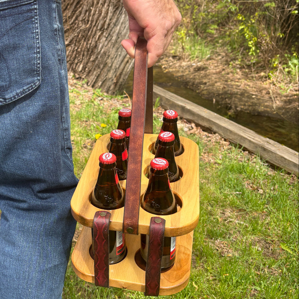 Wood and Leather Beer Carrier, Rustic 6 Pack Beer Caddy, Burgundy and Brown