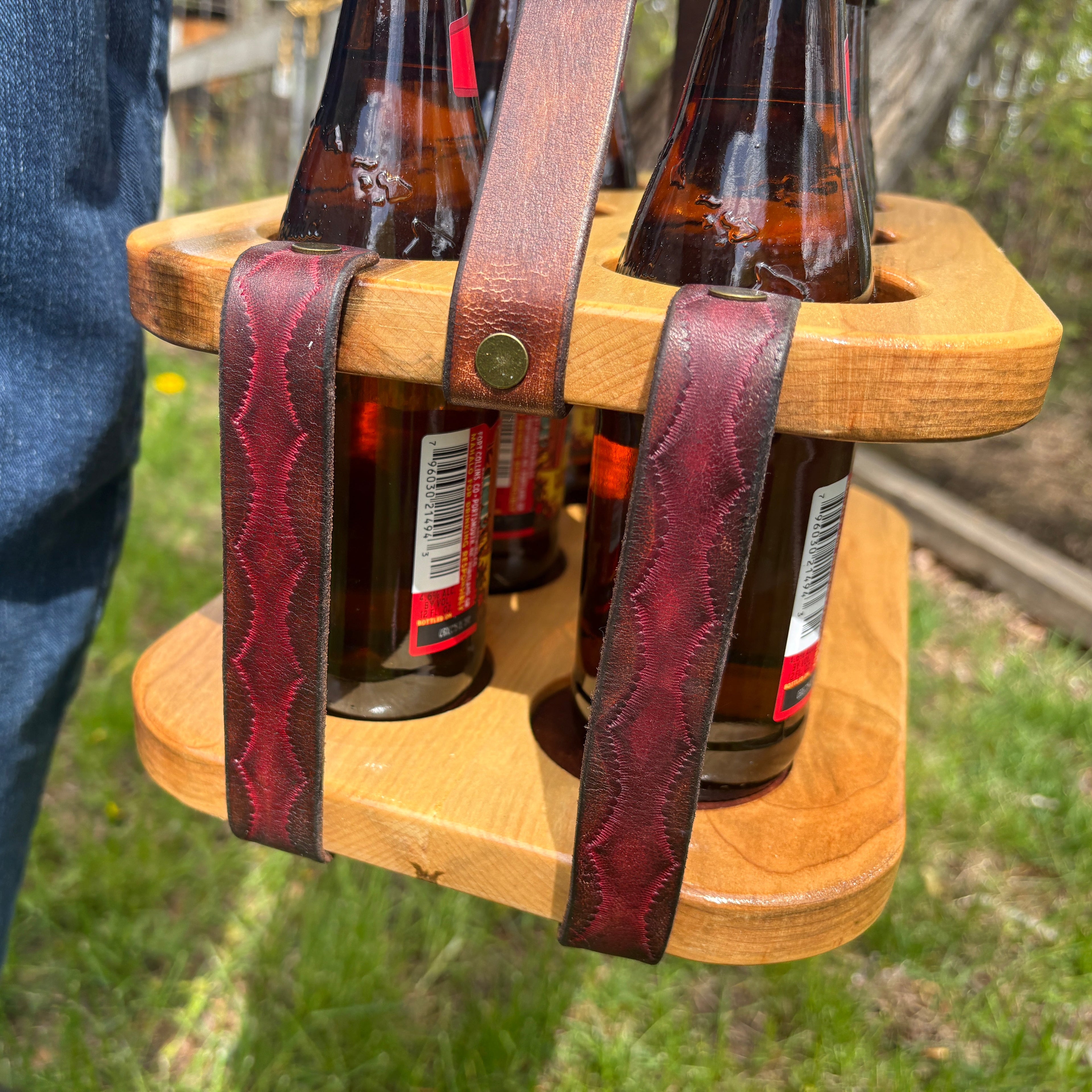 Wood and Leather Beer Carrier, Rustic 6 Pack Beer Caddy, Burgundy and Brown