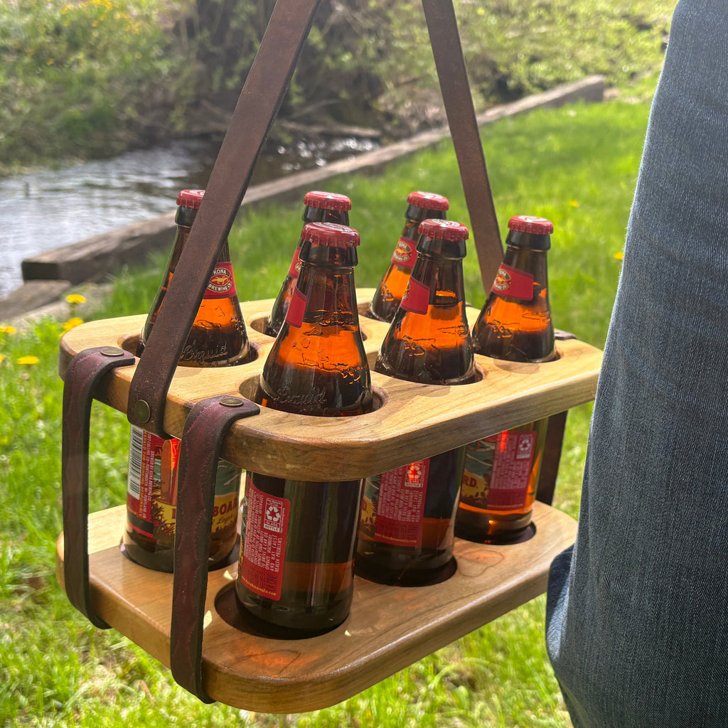 Wood and Leather Beer Carrier, Rustic 6 Pack Beer Caddy, Burgundy and Brown