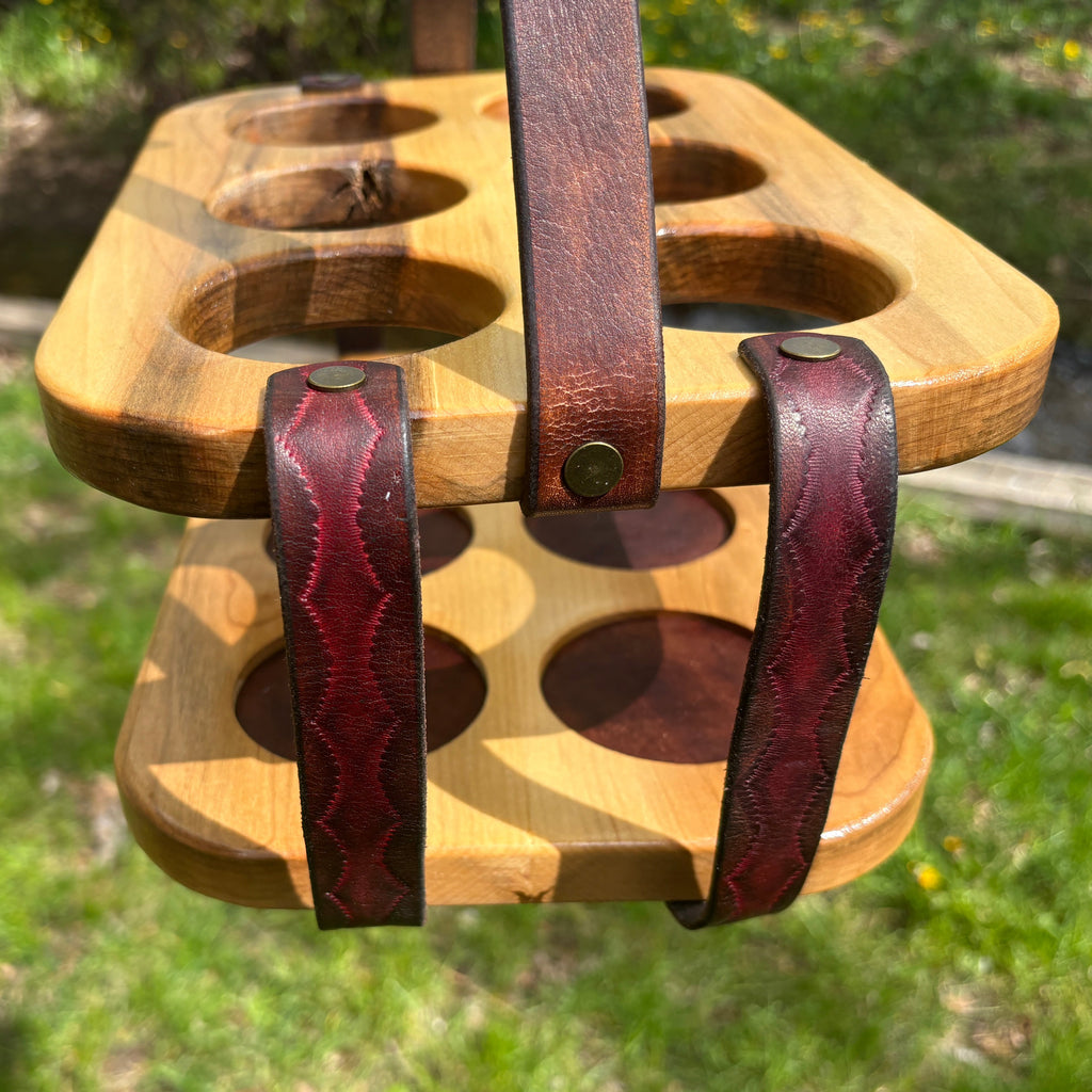 Wood and Leather Beer Carrier, Rustic 6 Pack Beer Caddy, Burgundy and Brown