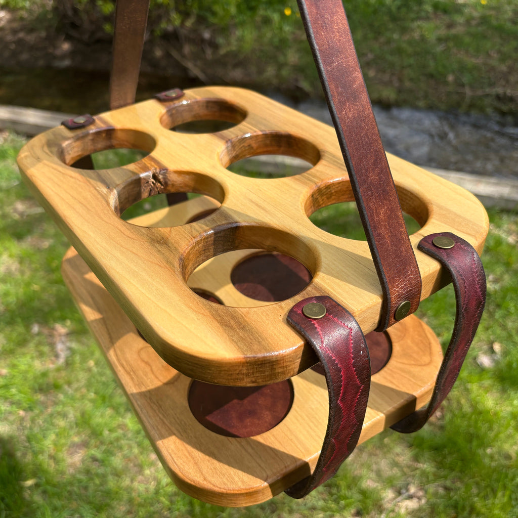 Wood and Leather Beer Carrier, Rustic 6 Pack Beer Caddy, Burgundy and Brown