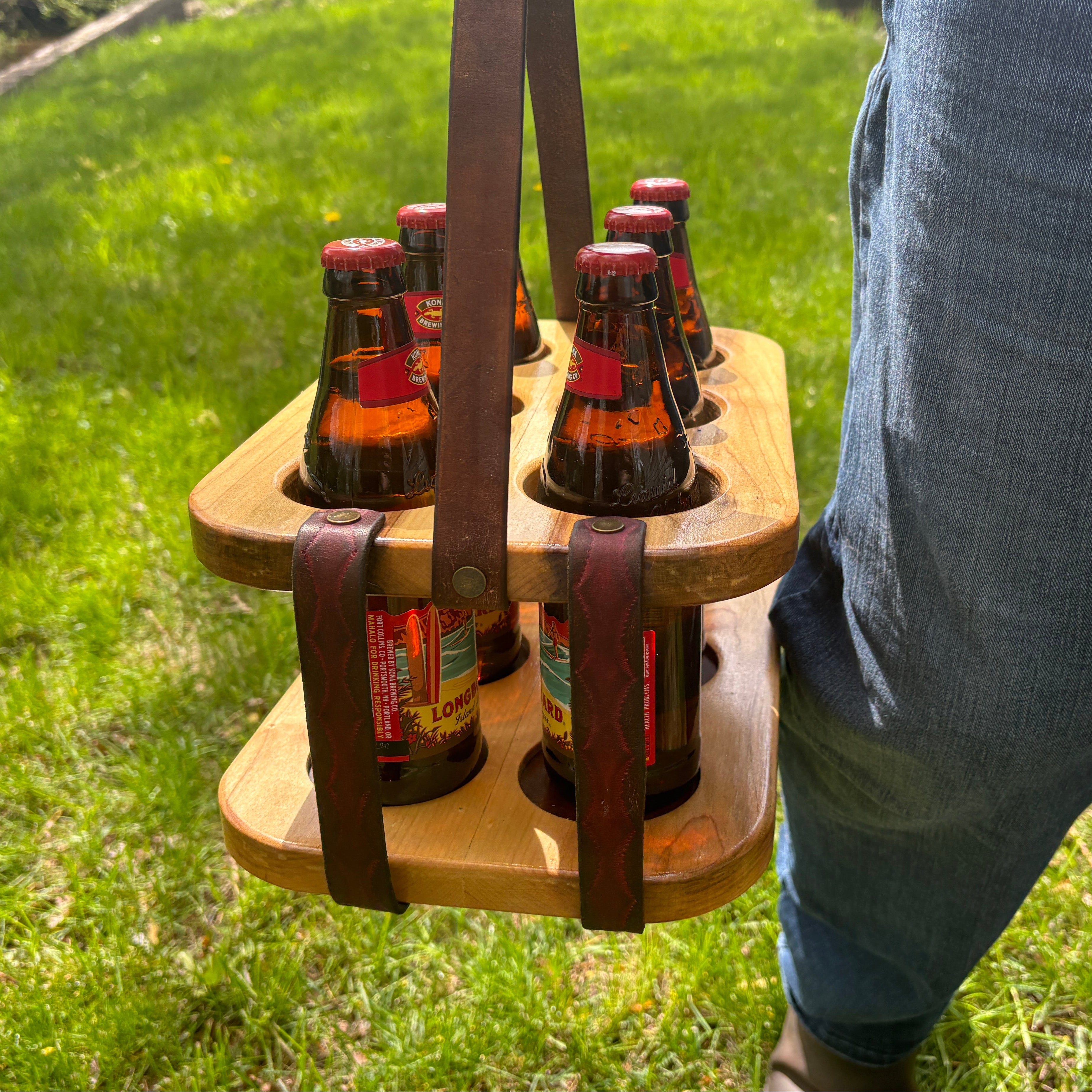 Wood and Leather Beer Carrier, Rustic 6 Pack Beer Caddy, Burgundy and Brown