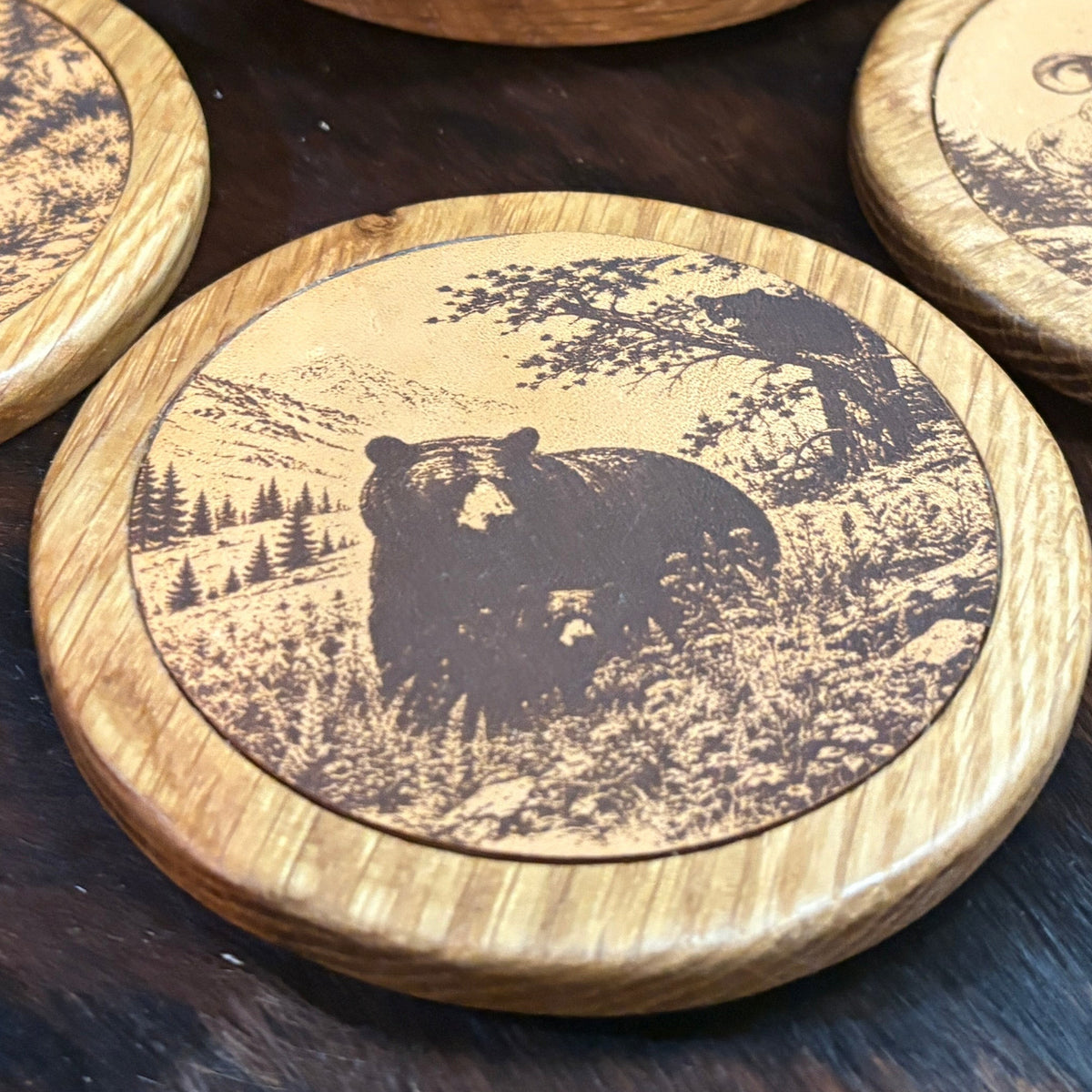 Handmade Rustic Oak & Leather Coaster Set, 4 Pieces