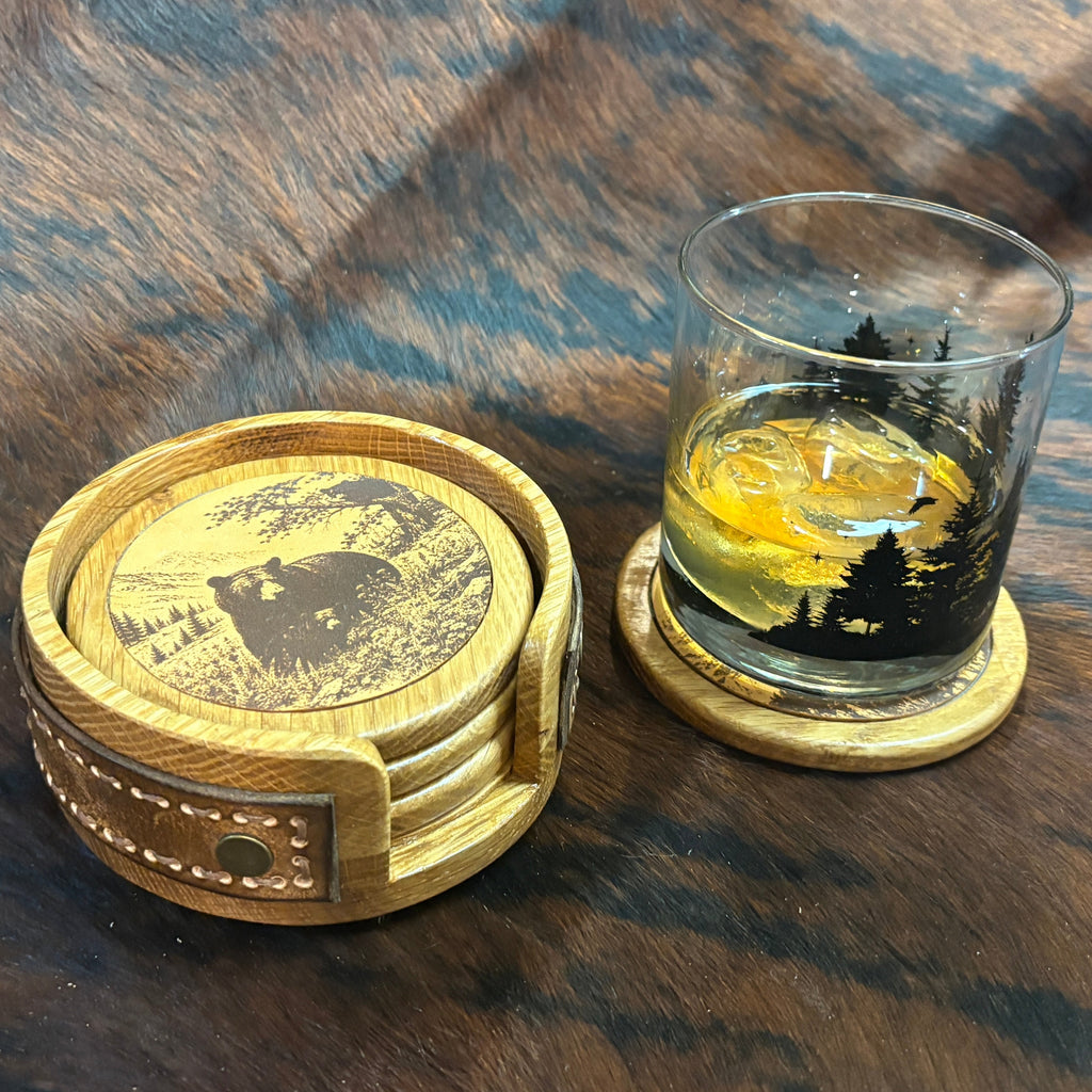 Handmade Rustic Oak & Leather Coaster Set, 4 Pieces