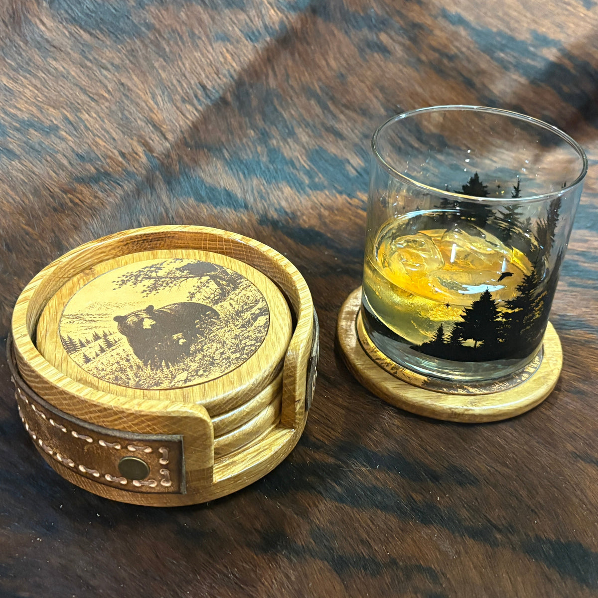 Handmade Rustic Oak & Leather Coaster Set, 4 Pieces