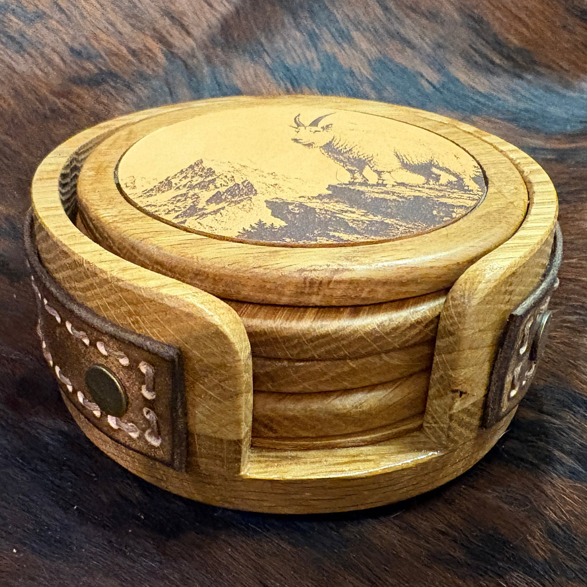 Handmade Rustic Oak & Leather Coaster Set, 4 Pieces