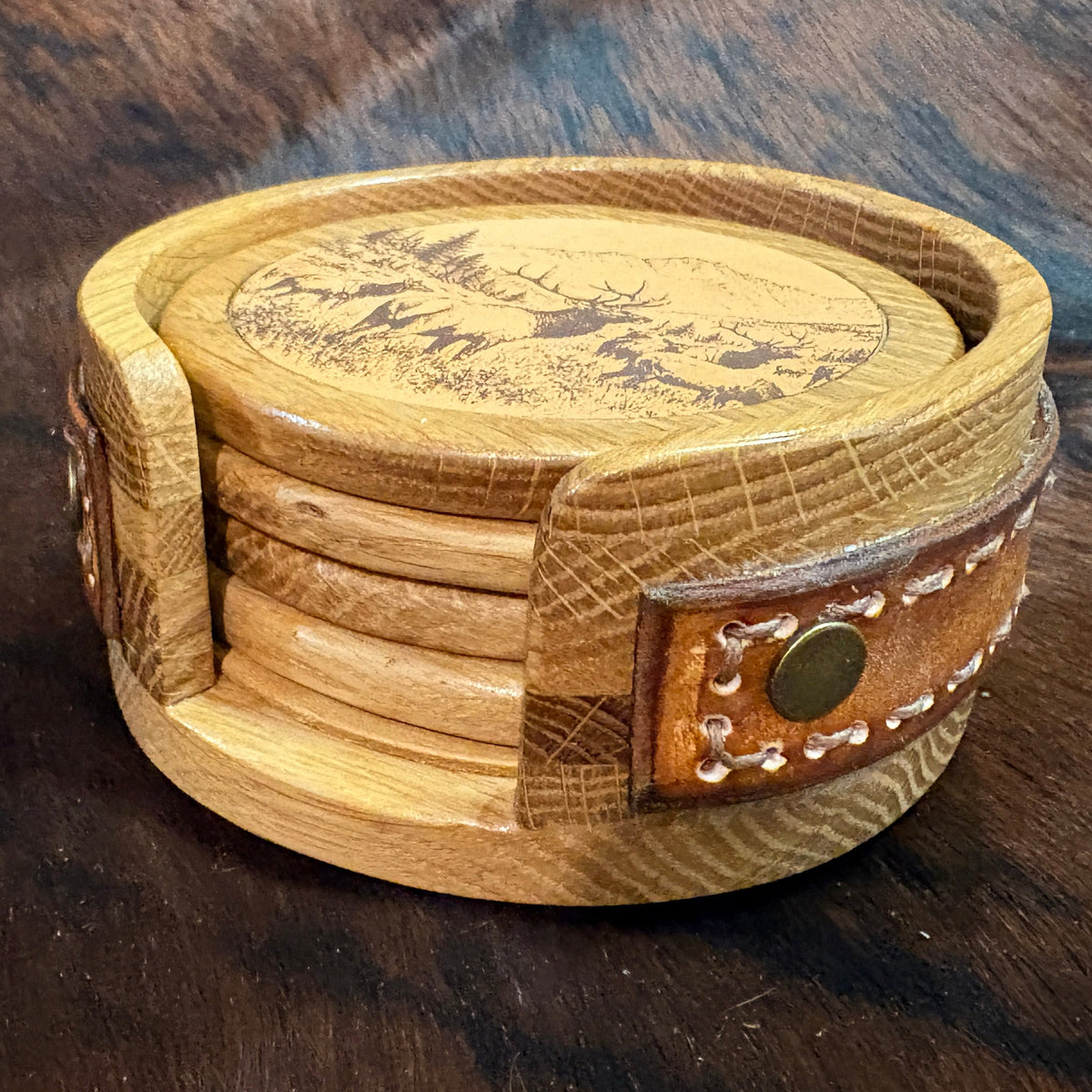 Handmade Rustic Oak & Leather Coaster Set, 4 Piece Set