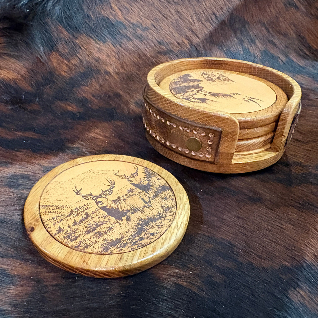 Handmade Rustic Oak & Leather Coaster Set, 4 Pieces