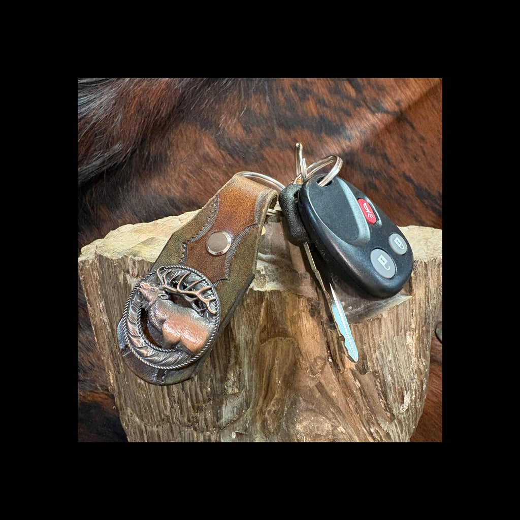 Elk Keychain: Handmade Tooled Leather, Copper Concho, Western Style, Stagg