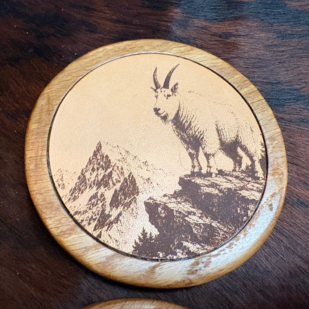 Handmade Rustic Oak & Leather Coaster Set, 4 Pieces