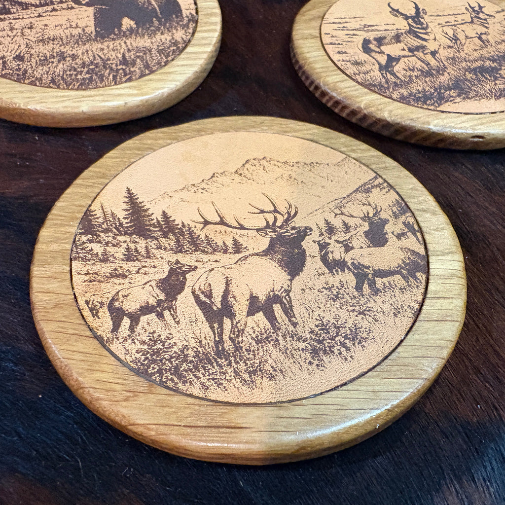 Handmade Rustic Oak & Leather Coaster Set, 4 Piece Set