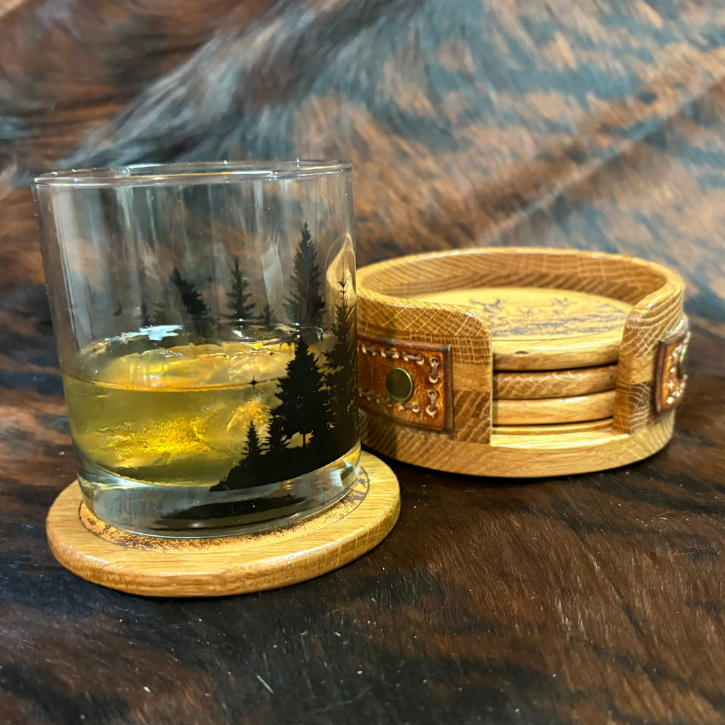 Handmade Rustic Oak & Leather Coaster Set, 4 Piece Set