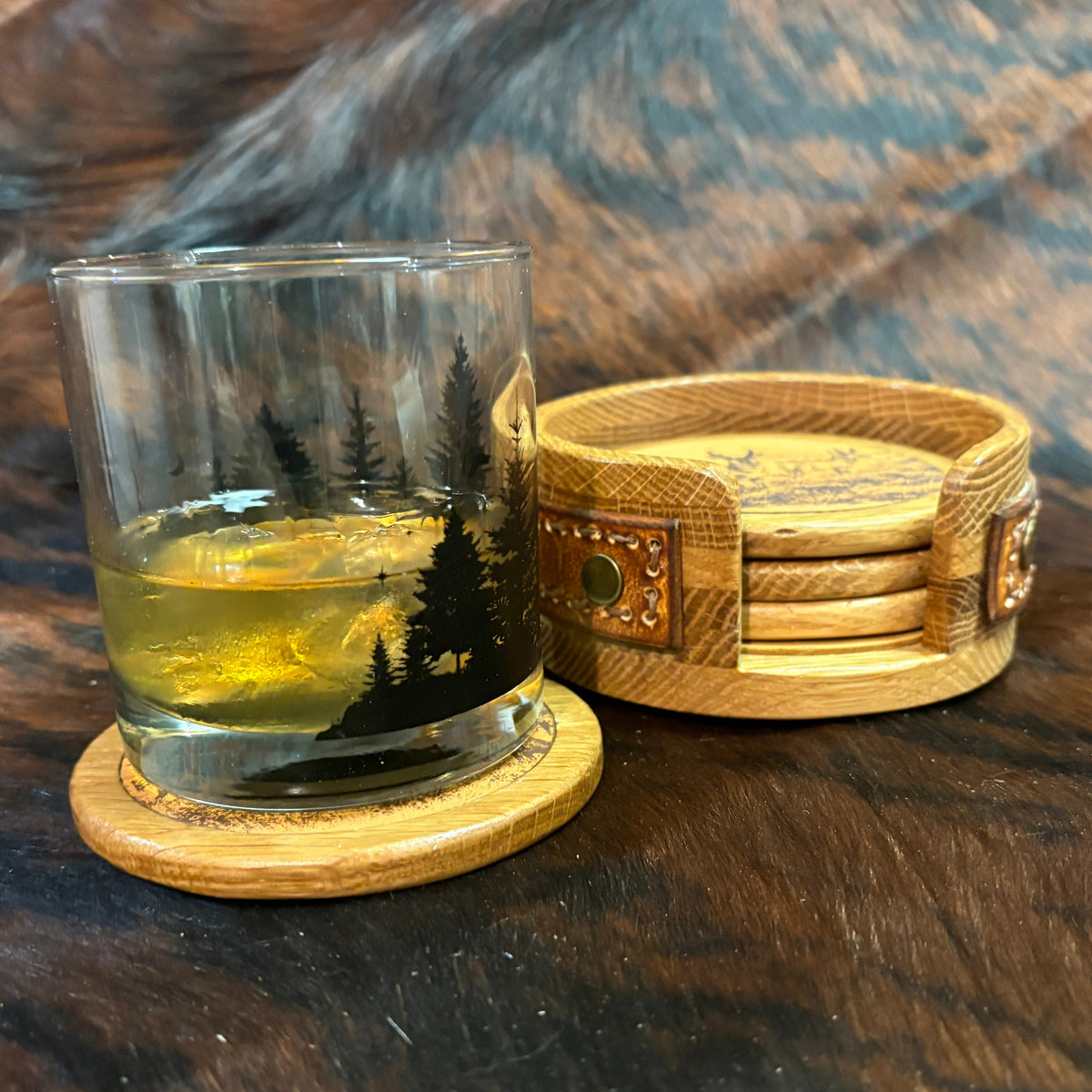 Handmade Rustic Oak & Leather Coaster Set, 4 Piece Set