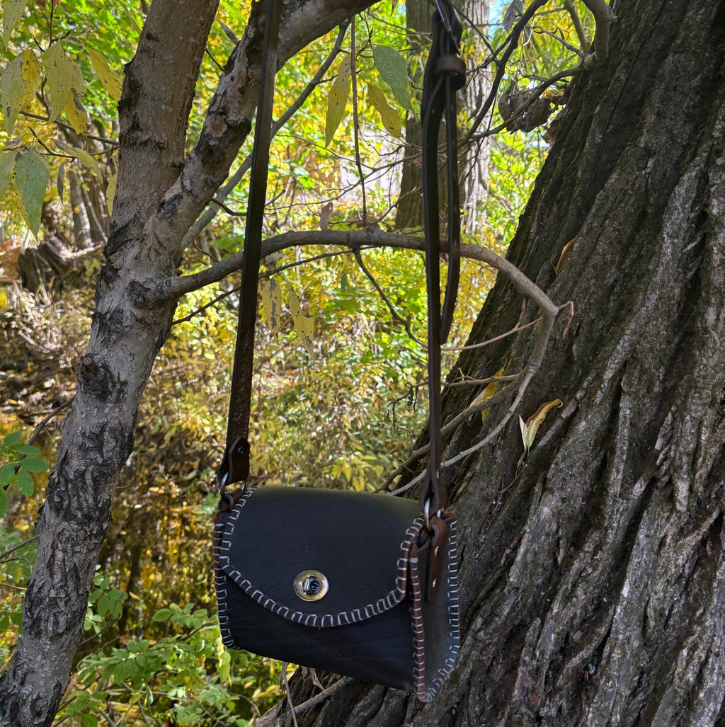 Handmade Mocha Brown Black Oil Tanned Leather Crossbody Purse