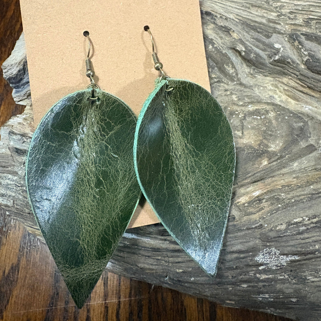 Leaf Earring, Green leather earring, Green leather Leaf Drop