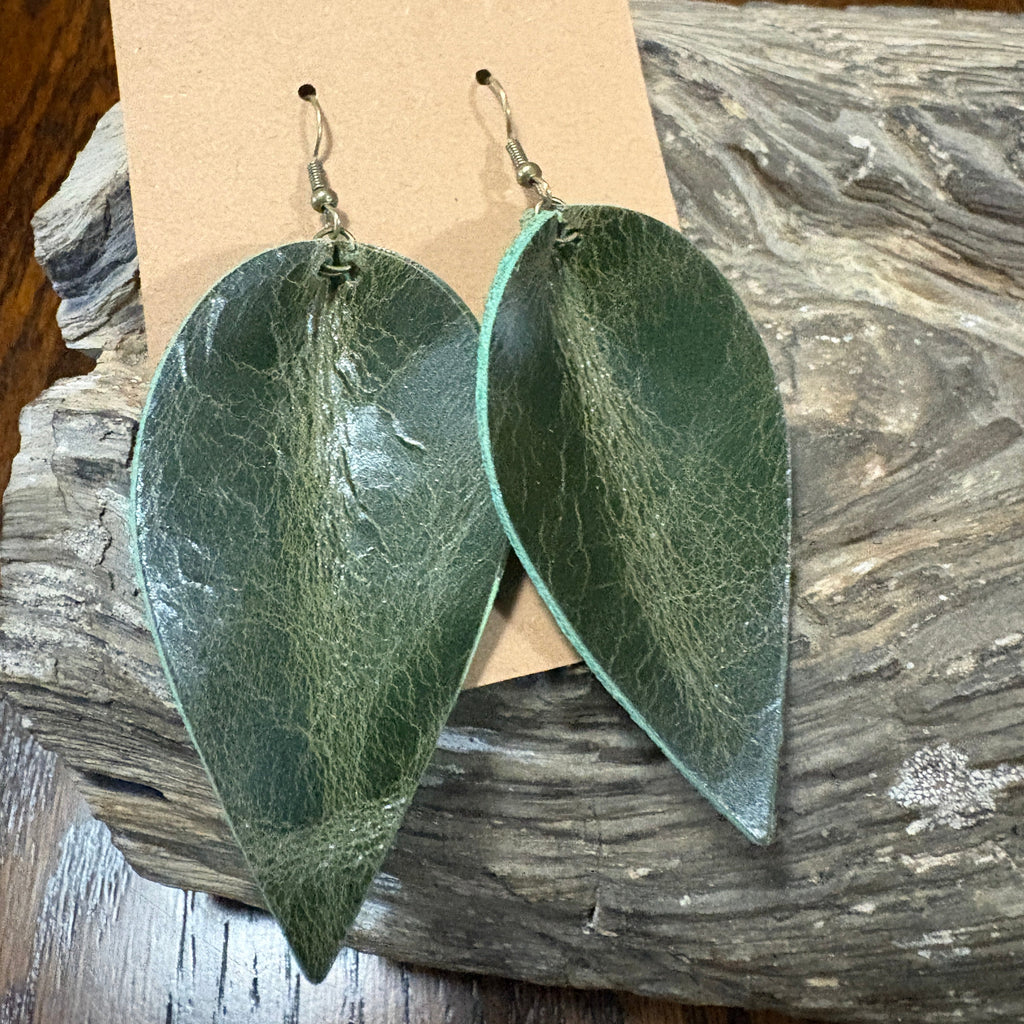 Leaf Earring, Green leather earring, Green leather Leaf Drop