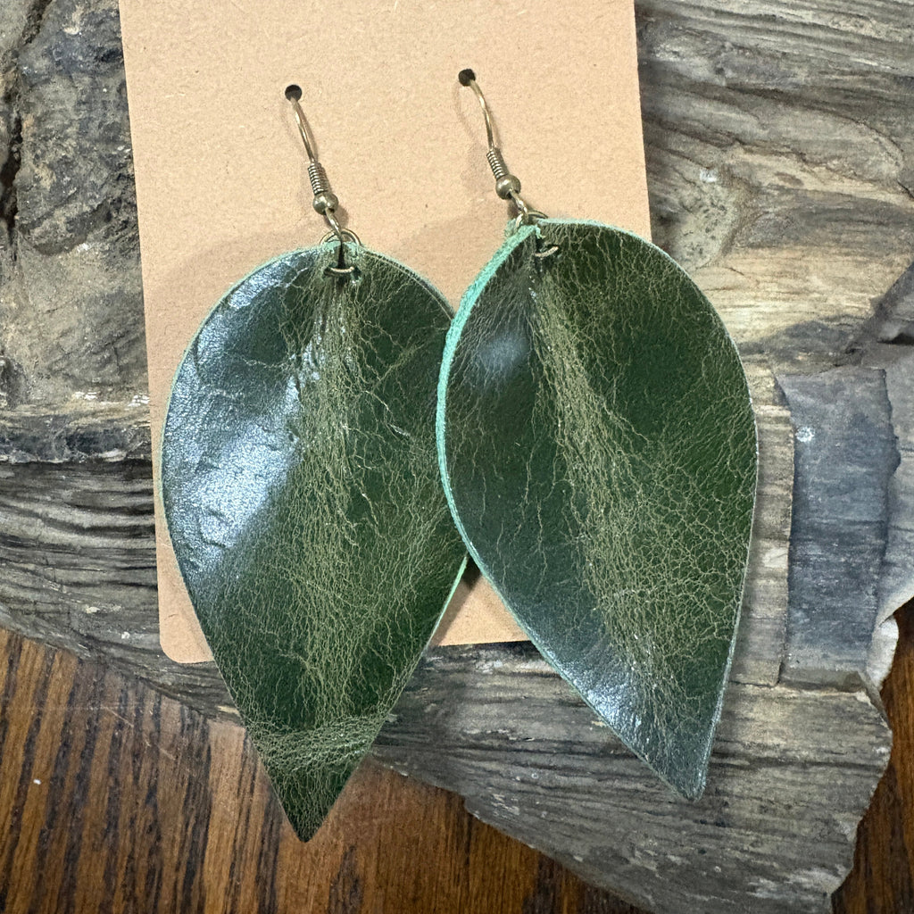 Leaf Earring, Green leather earring, Green leather Leaf Drop