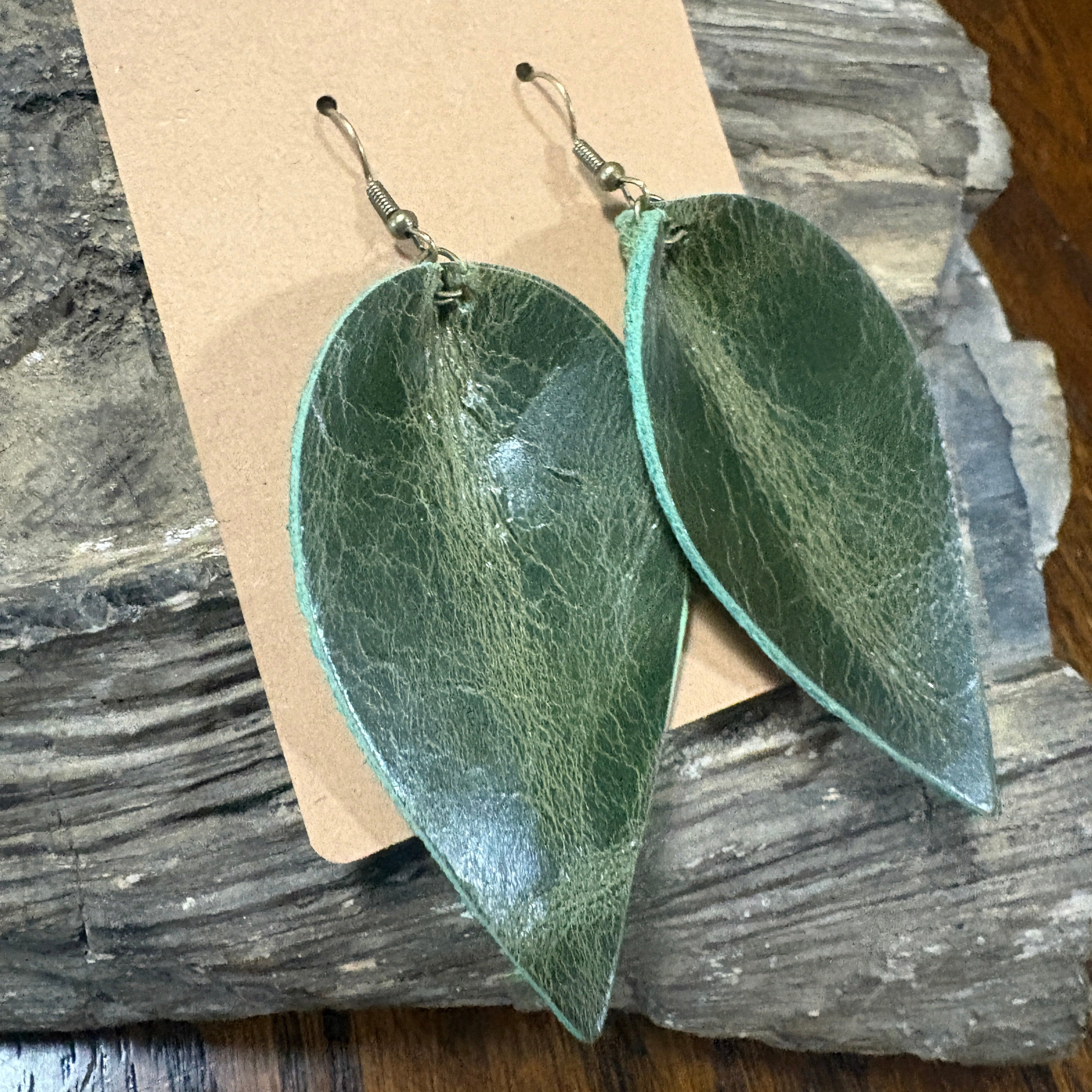 Leaf Earring, Green leather earring, Green leather Leaf Drop