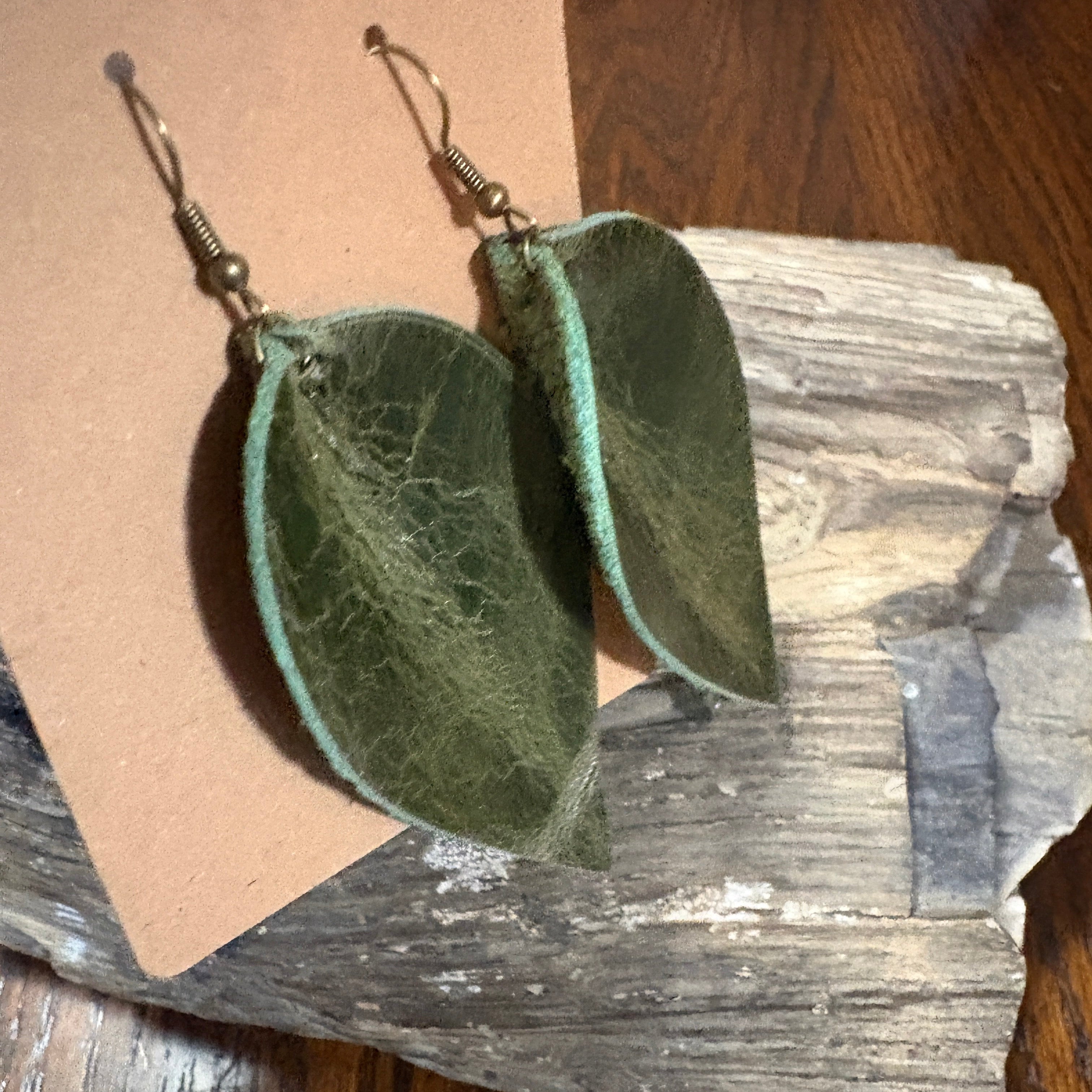 Leaf Earring, Green leather earring, Green leather Leaf Drop