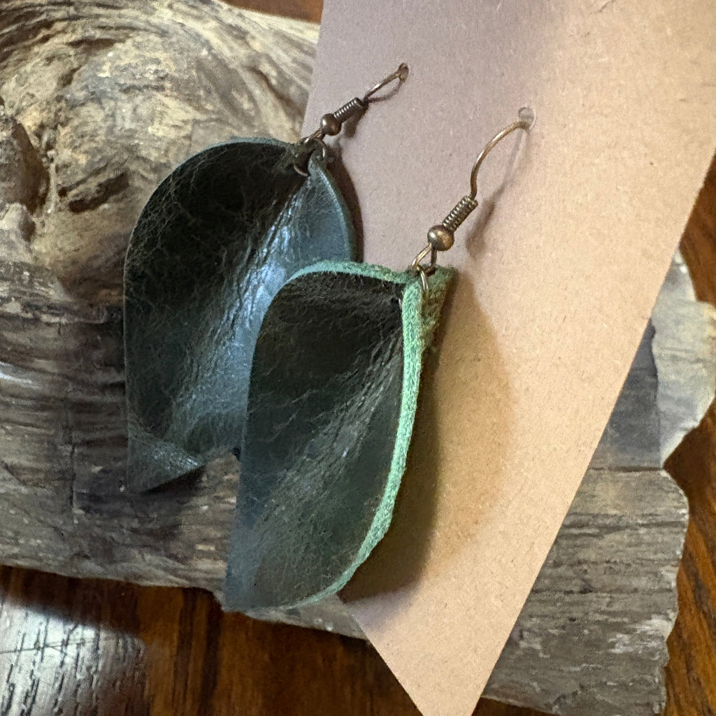 Leaf Earring, Green leather earring, Green leather Leaf Drop