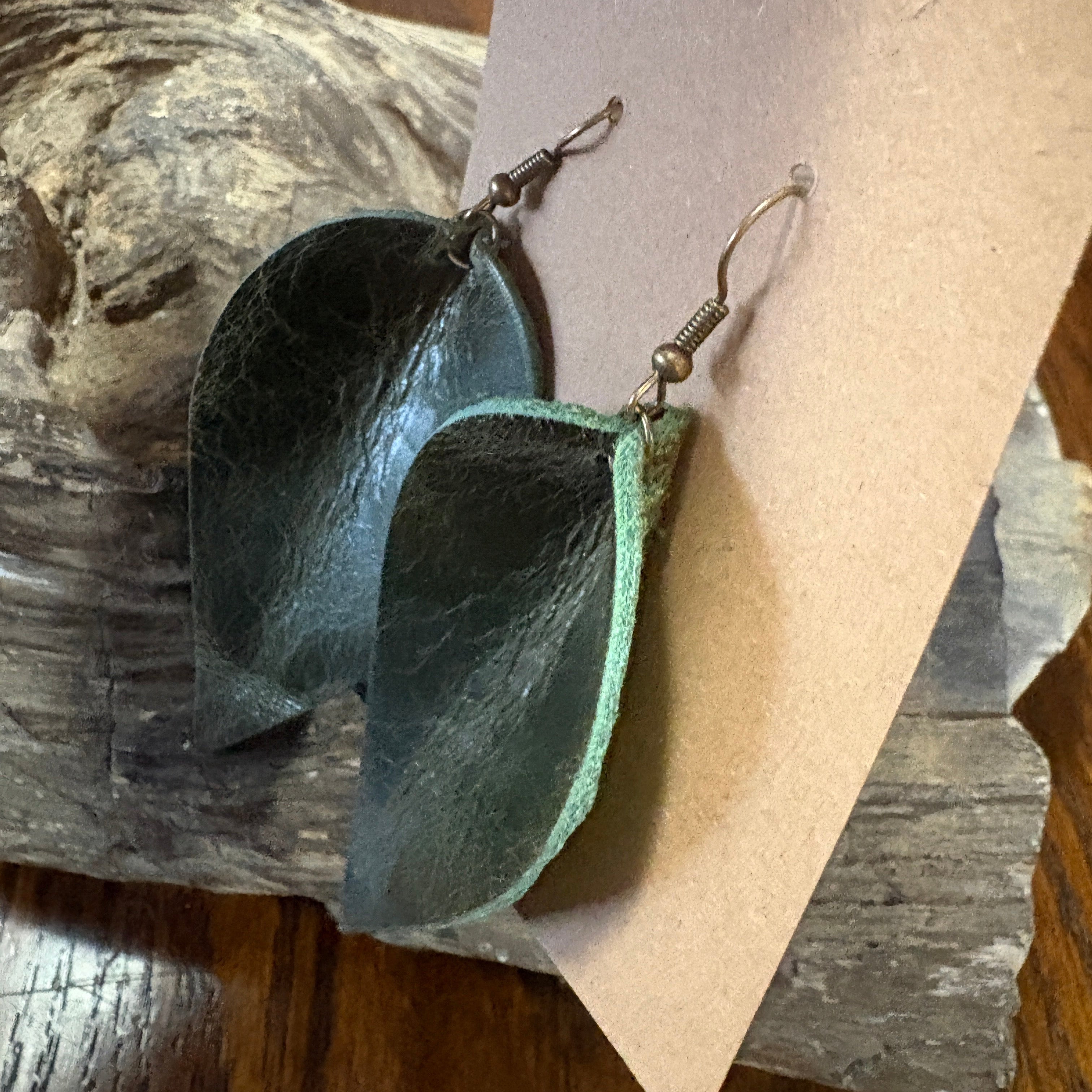 Leaf Earring, Green leather earring, Green leather Leaf Drop