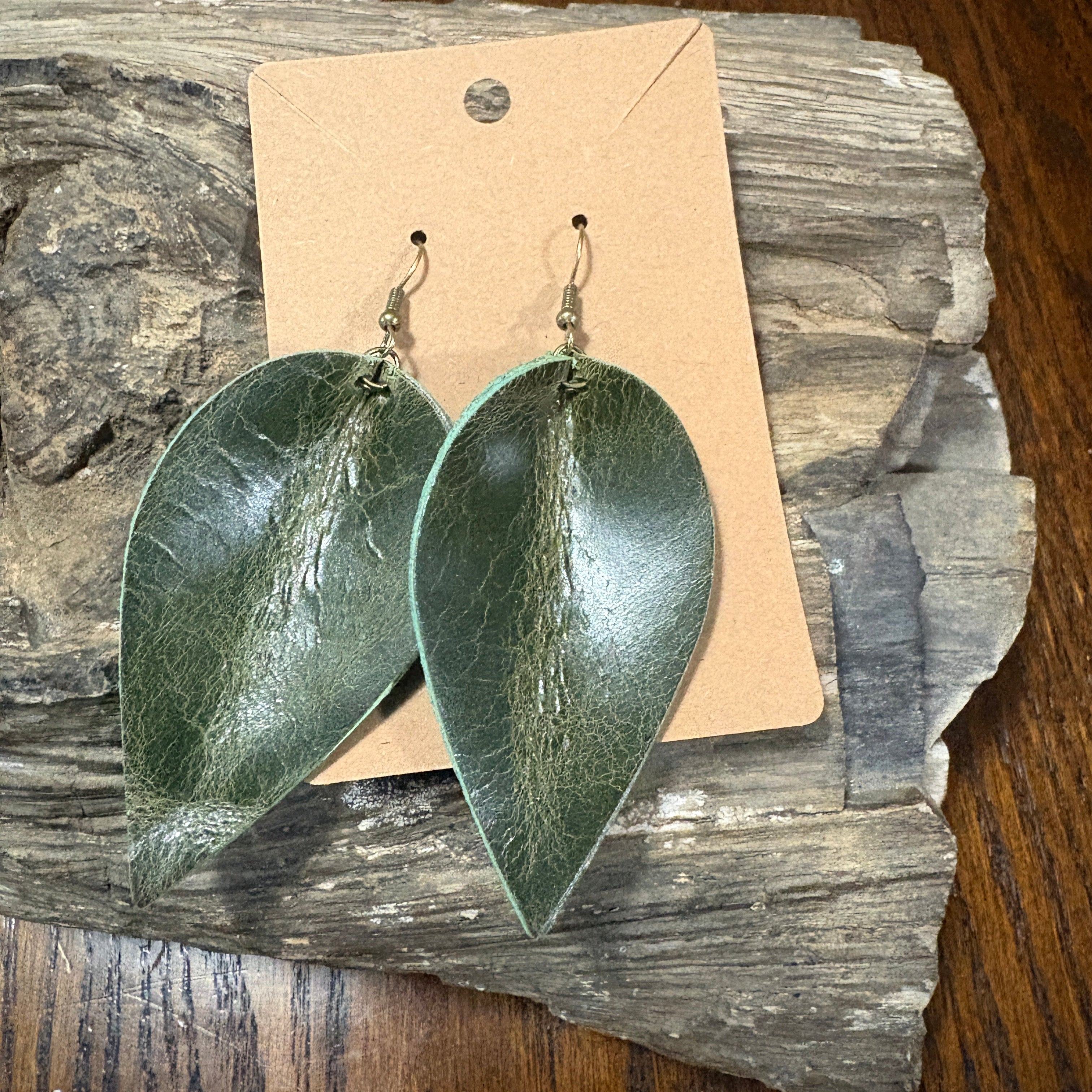 Leaf Earring, Green leather earring, Green leather Leaf Drop