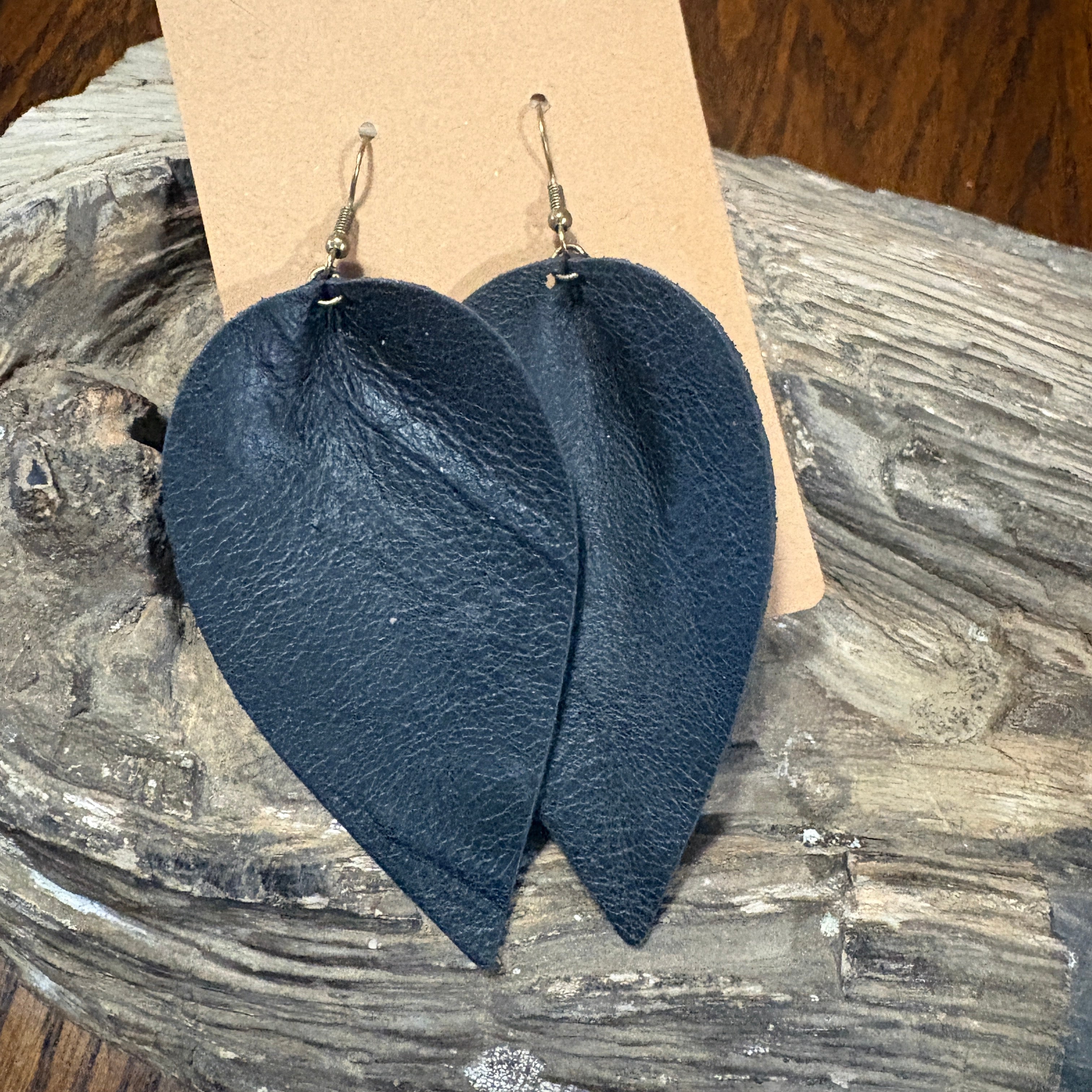 Black Leather Leaf Earrings, Unique Earrings, Leather Leaf Drop Earrings