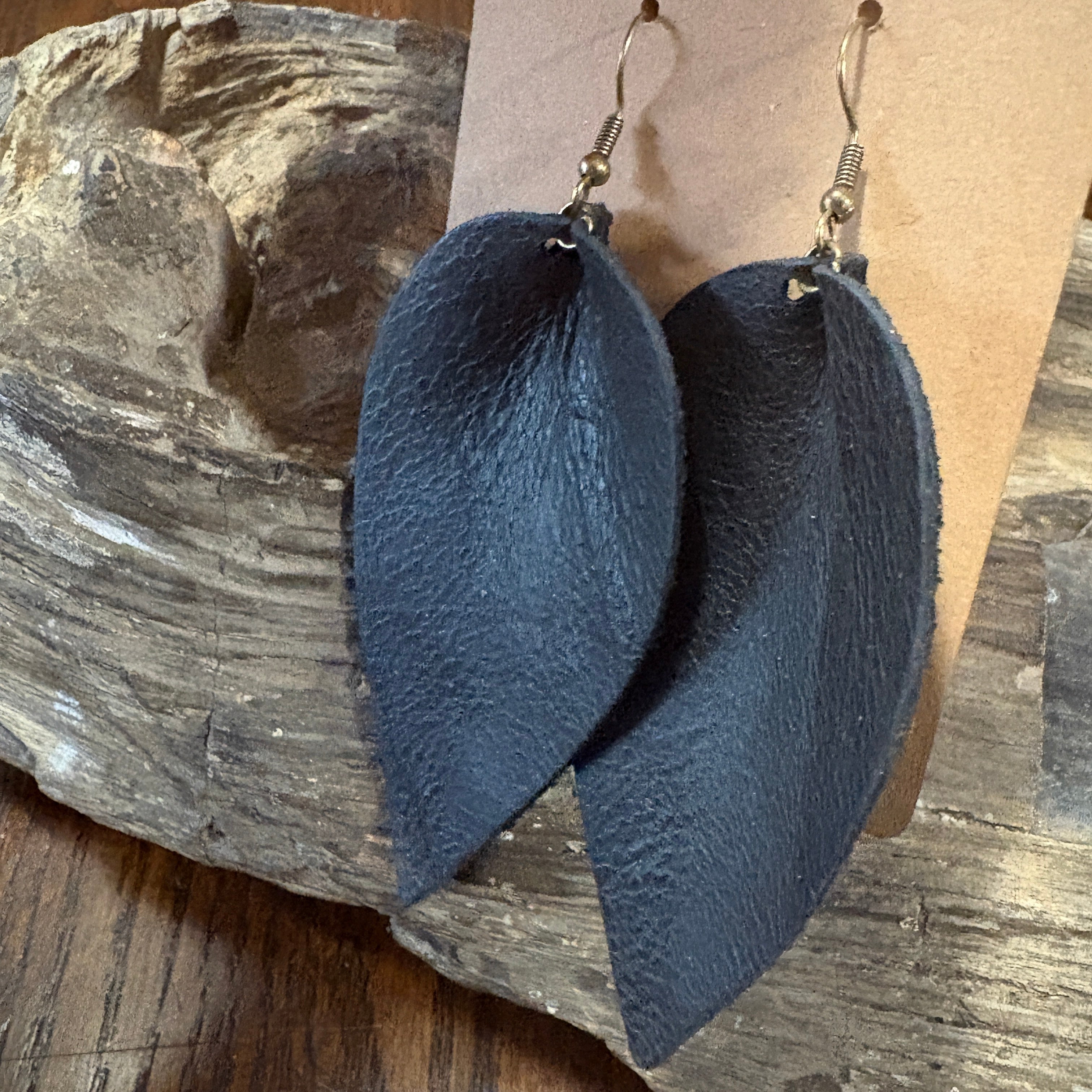 Black Leather Leaf Earrings, Unique Earrings, Leather Leaf Drop Earrings