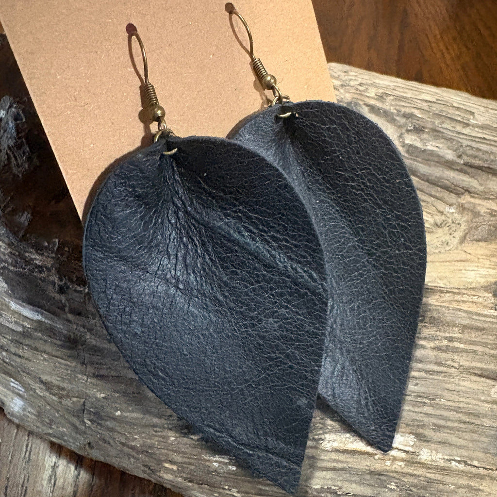 Black Leather Leaf Earrings, Unique Earrings, Leather Leaf Drop Earrings