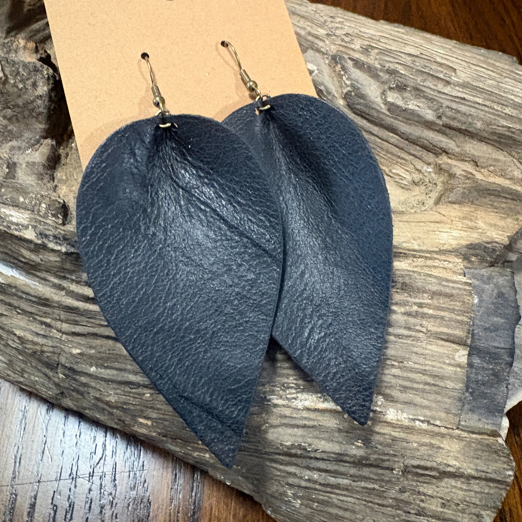 Black Leather Leaf Earrings, Unique Earrings, Leather Leaf Drop Earrings