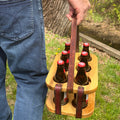 Wood and Leather Beer Carrier, Rustic 6 Pack Beer Caddy, Burgundy and Brown